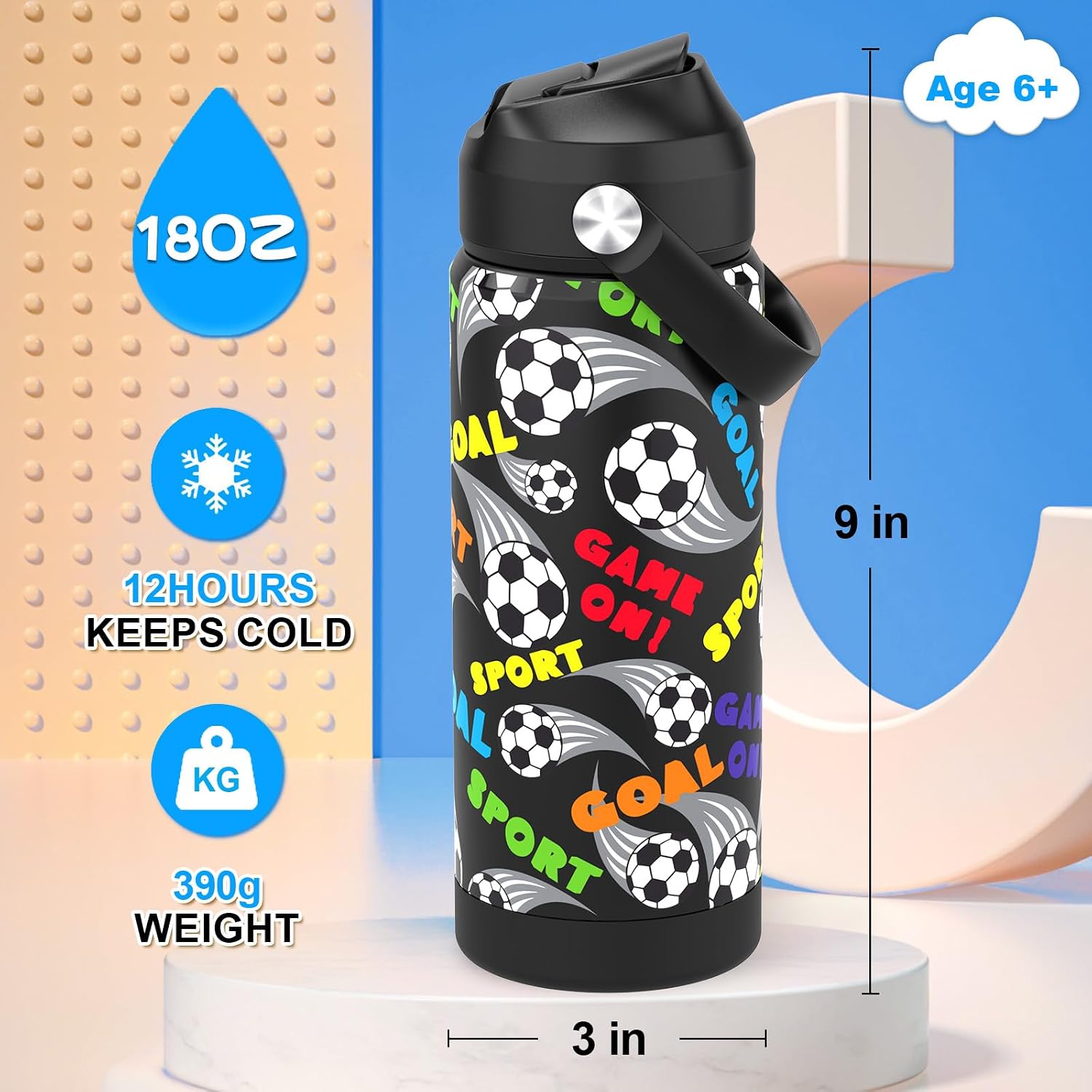 Boys Soccer Water Bottle with Straw,18 oz Kids Insulated Cups with Stainless Steel Leak Proof for School,Sport&Travel(Soccer) - Image 2
