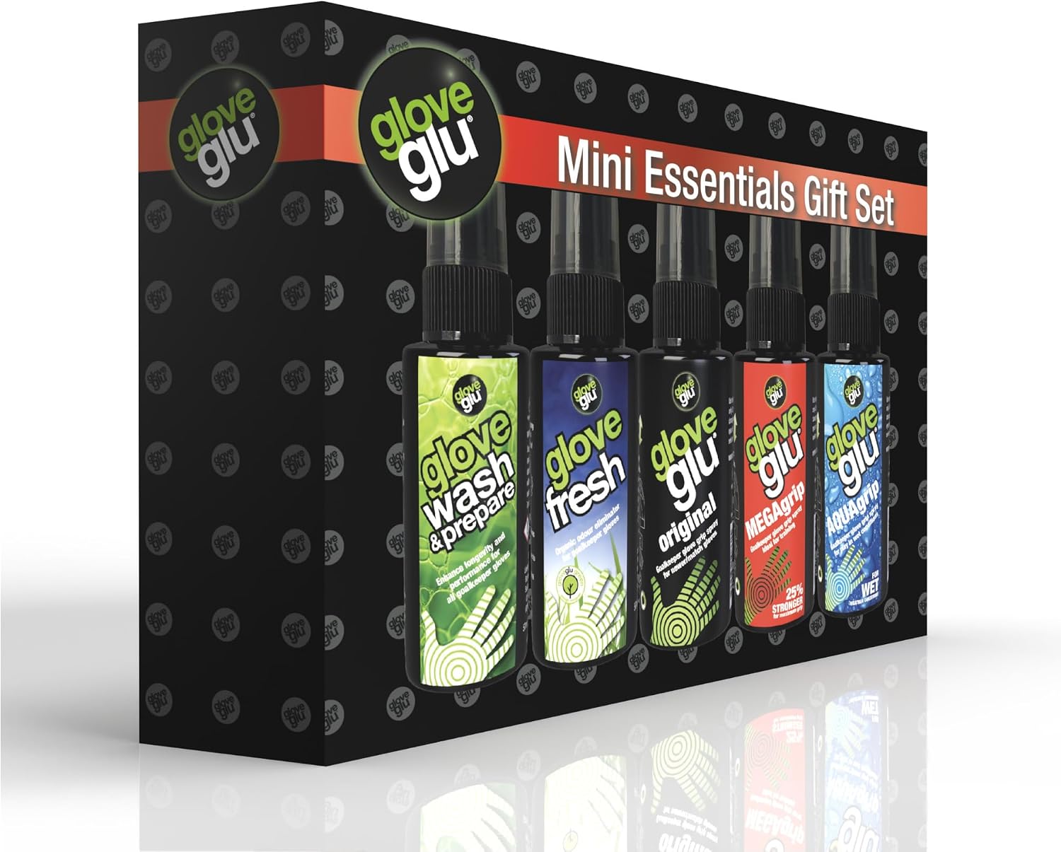gloveglu Mini Essentials Goalkeeper Glove Care Gift Set | Includes Original, MEGAgrip, AQUAgrip, Wash & Prepare, Glove Fresh | Goalkeeper Gloves Care & Cleaning Kit for Football Goalies | 5X 1.7 floz