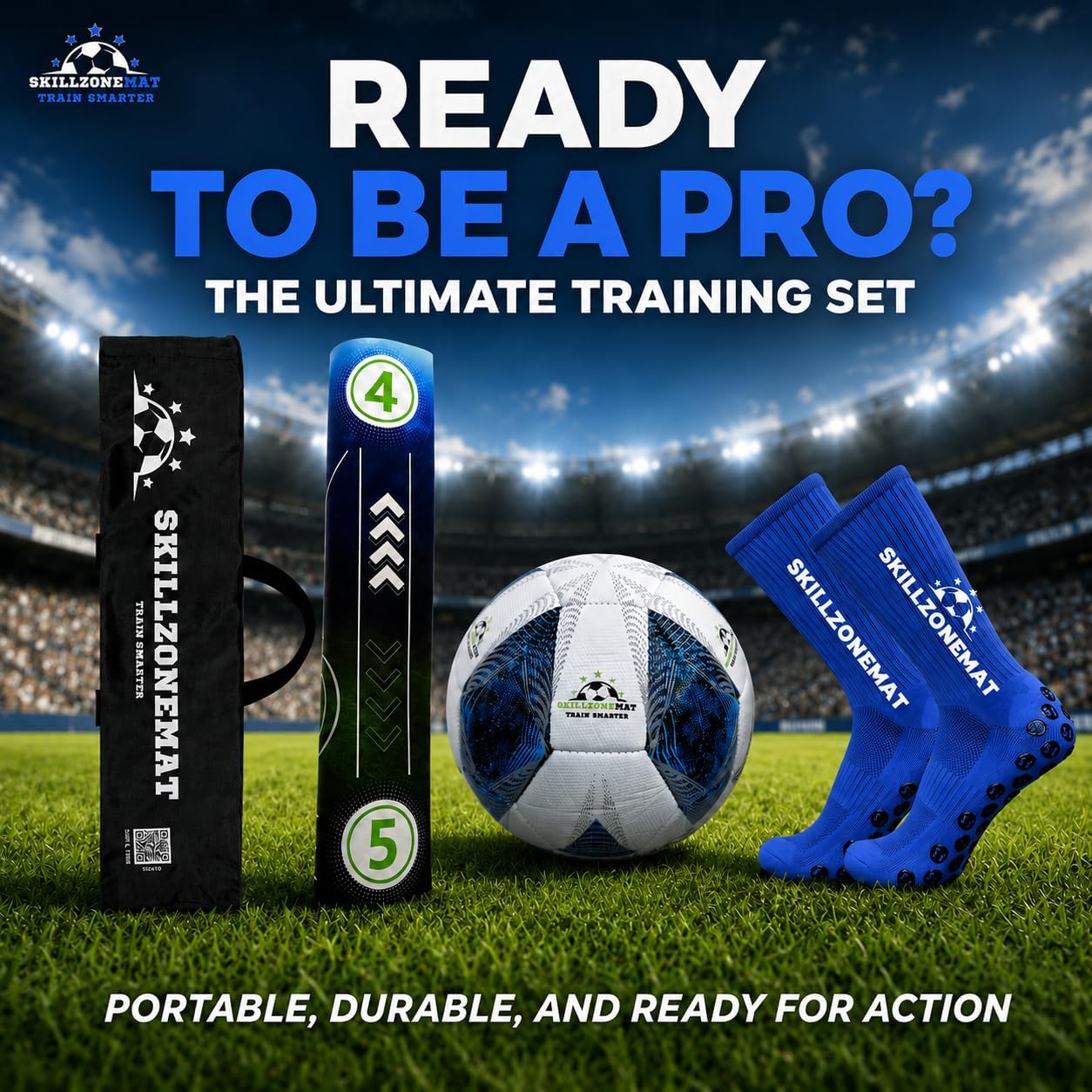 SkillZone Soccer Training Mat with Soccer Ball – Dribbling & Footwork Trainer | Indoor/Outdoor Soccer Training Kit with Interactive Video Hub, Grip Socks & Carry Bag | Control & Agility Practice - Image 3