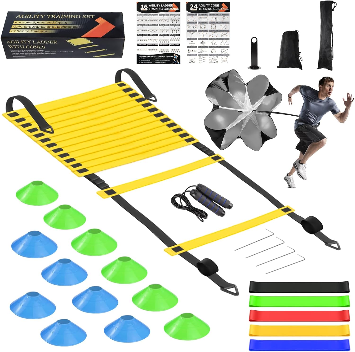 Speed Agility Training Equipment Set, Agility Ladder 20ft, 12 Football Cones, Resistance Parachute/Soccer Kick Trainer, Jump Rope, 5 Resistance Bands, Football Practice Equipment for Kids Adults - Image 9