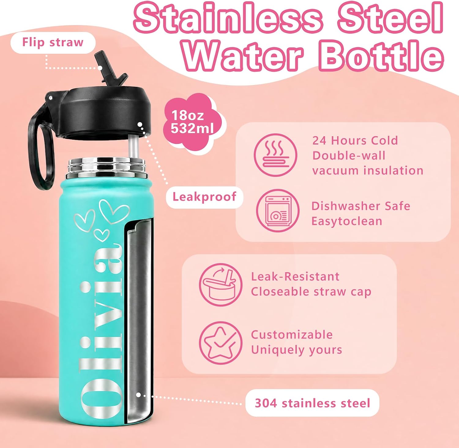 Back to School Gifts Personalized Kids Water Bottle with Name & Icon, 18 oz Custom Stainless Steel Water Bottles with Leakproof Lid, Double-Sided Laser Engraved, for Sports - Image 6