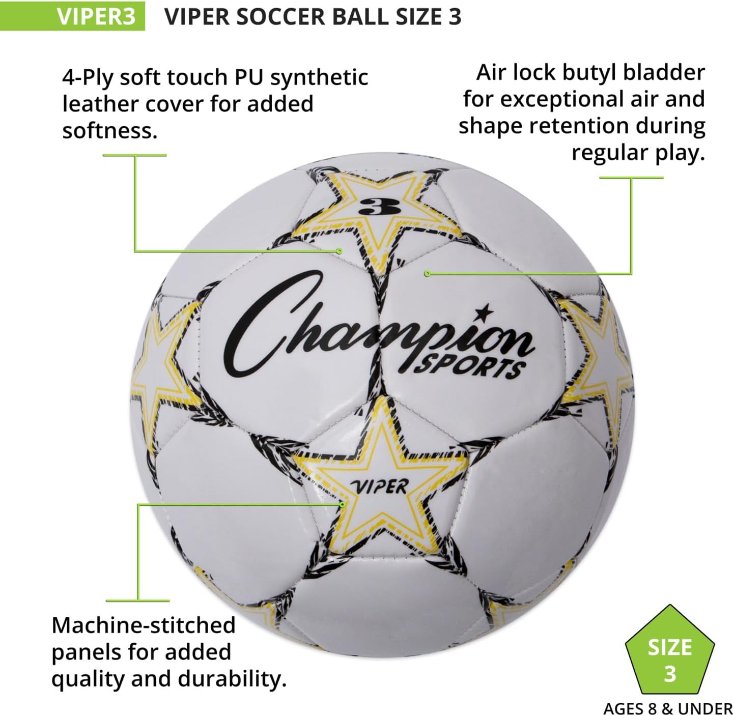 Champion Sports Viper Soccer Ball – TPU Soft-Touch Training Ball in Sizes 3,4,5 for Indoor/Outdoor Play - Image 3