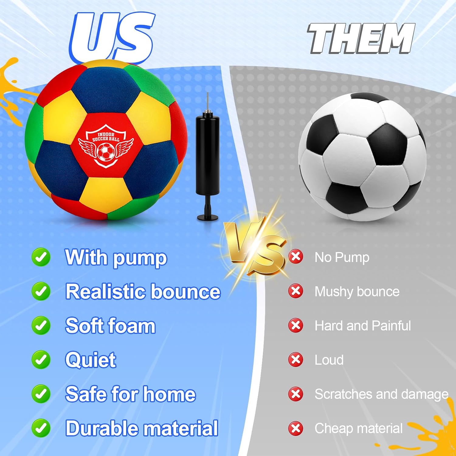 HopeRock Indoor Soccer Ball, Size 4, Soft Foam, for Kids 3-12 Years Old | Silent in House, With Pump, For Toddlers, For Boys and Girls, Sports Toys and Gifts - Image 6