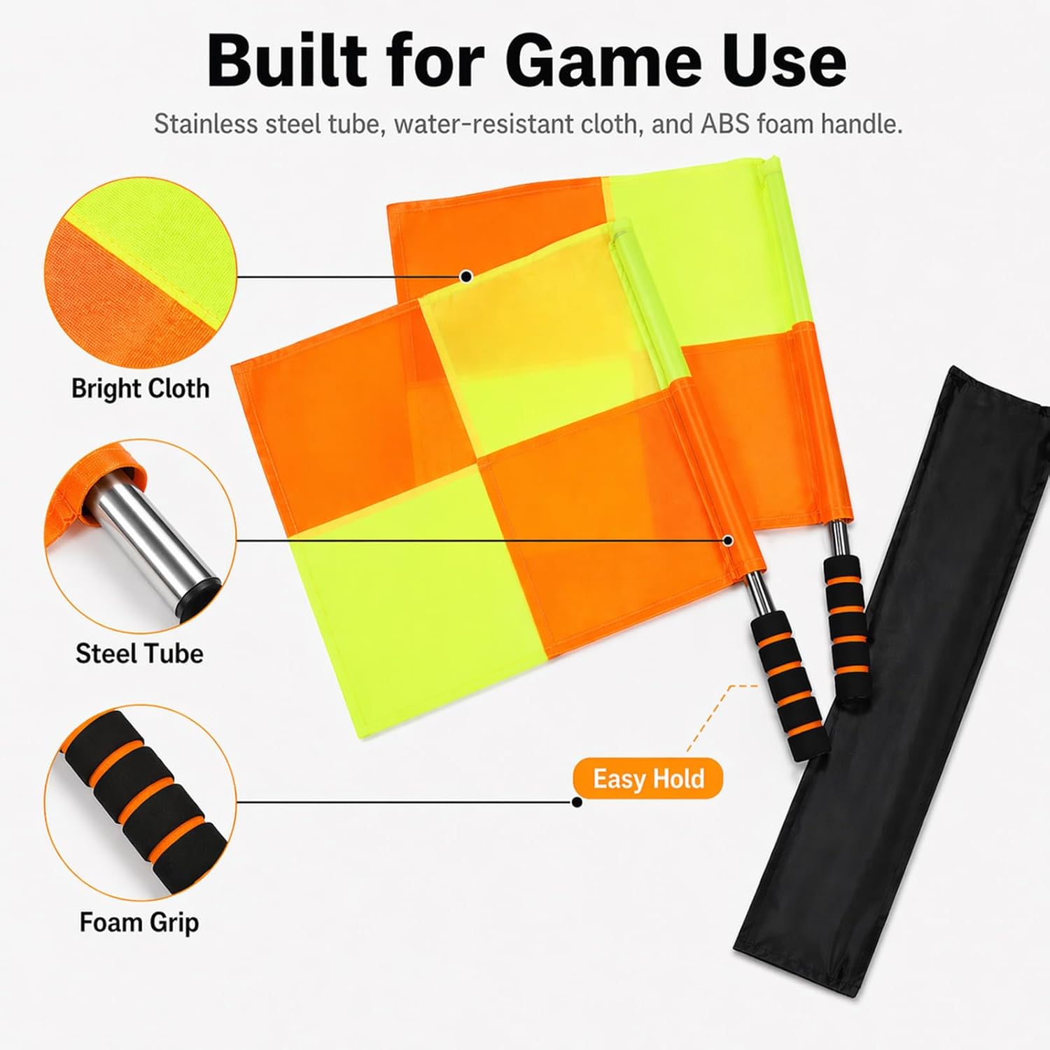 Soccer Referee Flags 2 Pack, 18 in Linesman Flags with Storage Bag | 2 soccer referee linesman flags with 18 in handles, orange yellow panels, ABS foam grips and storage bag - Image 3