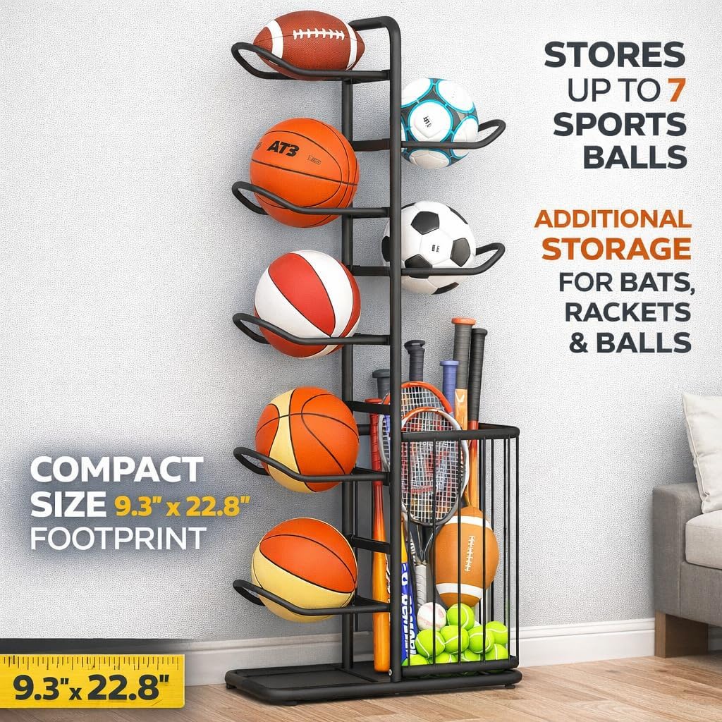 7-Ball Sports Equipment Storage Rack with Ball Holder, Ideal for Garage or Indoor Use - Organize Toys, Sports Gear and More, 57.5" (Black) - Image 4