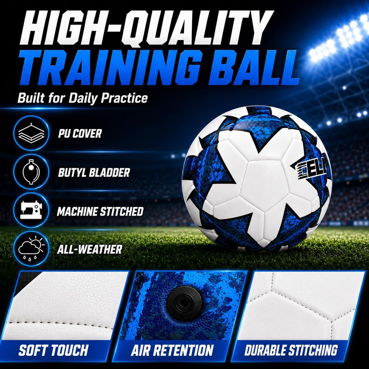 Soccer Ball Size 5 with Pump, Durable Training Ball, Indoor & Outdoor Use | Better Touch and Control - Textured PVC cover with reinforced stitching helps keep shape for steady kicks and passes - Image 3