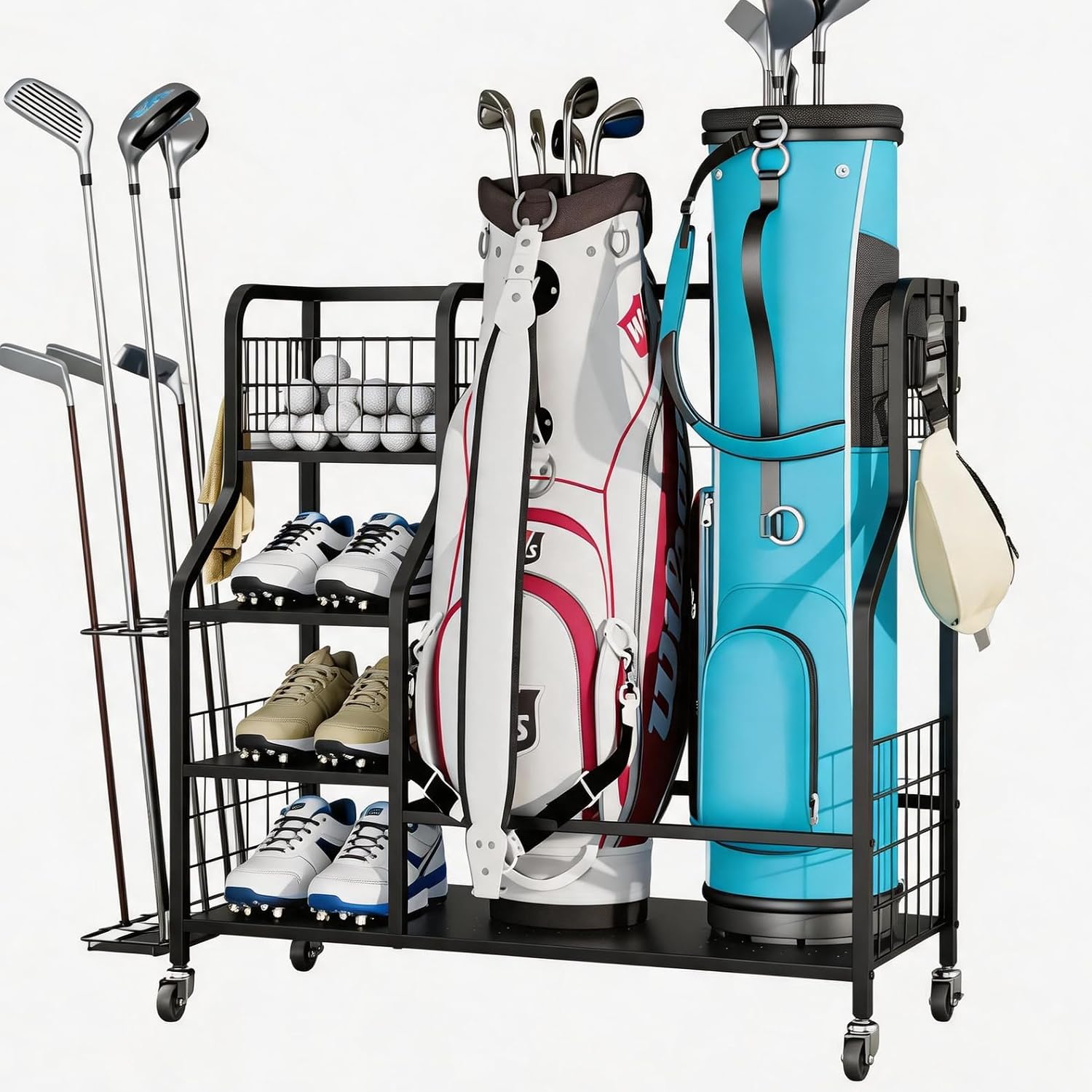 Golf Bag Storage Organizer, 2-Bag Garage Golf Rack | Heavy-Duty Steel, 2 Golf Bags, Golf Club Storage, Golf Shoes, Golf Balls, Storage Shelf, Side Hooks, Garage Organization