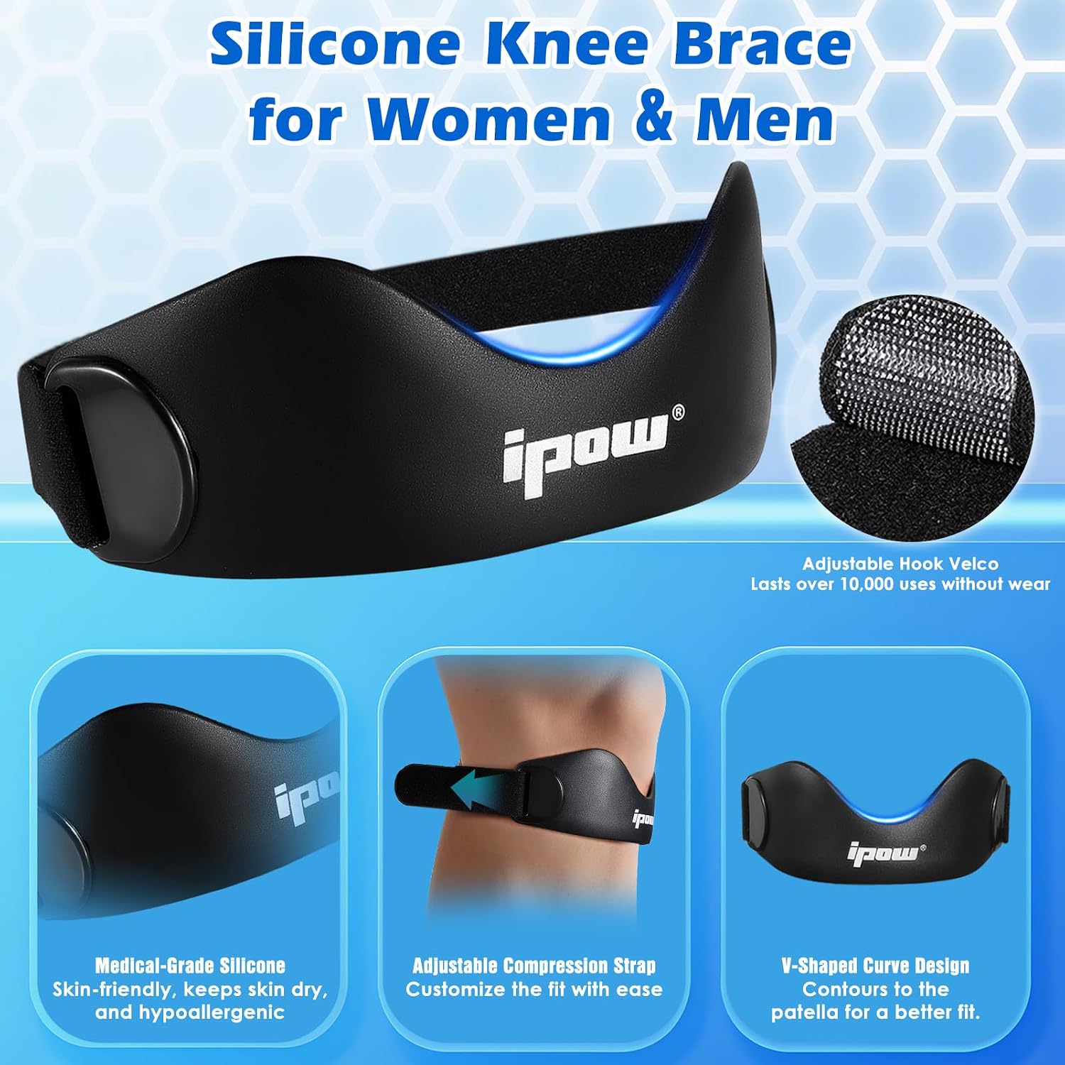 IPOW Silicone Patellar Tendon Support Strap Adjustable Non-Slip Patella Band Support Knee Brace for Hiking, Running, Jumpers Knee, Tendonitis, Basketball, Squats - Image 2
