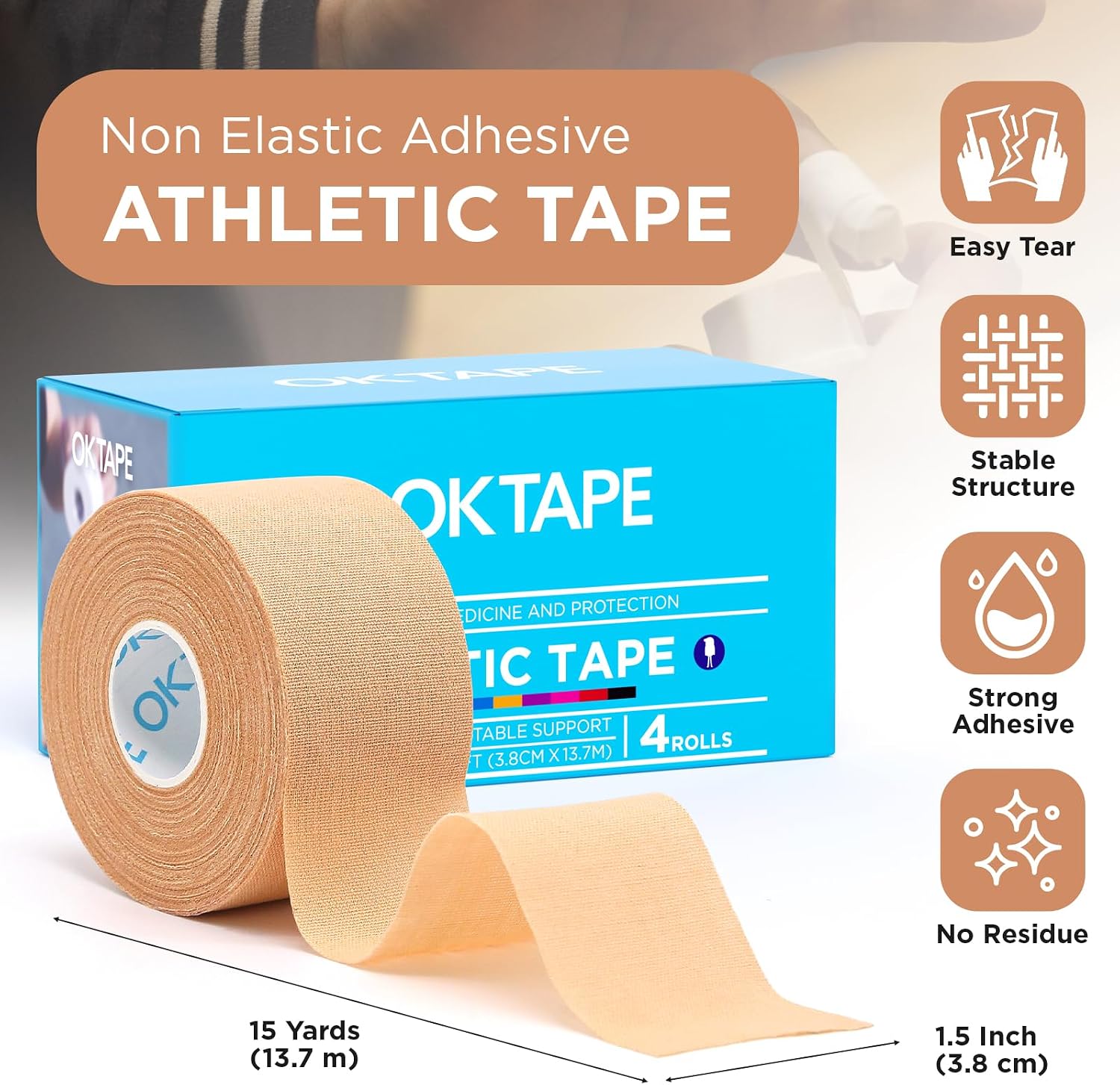 OK TAPE 4 Rolls Athletic Tape, Sports Tape for Injuries, Rigid, Easy Tear | Medical Tape, Wrist Tape, No Sticky Residue, Secure Ankle, Finger, Knee- 1.5inch x 15yards (Beige) - Image 2