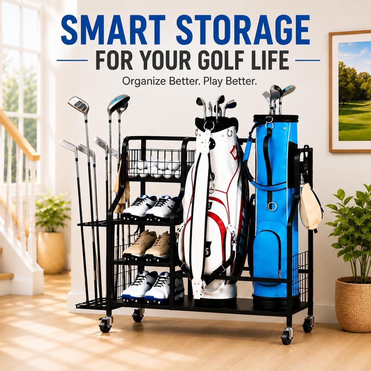 Golf Bag Storage Organizer, 2-Bag Garage Golf Rack | Heavy-Duty Steel, 2 Golf Bags, Golf Club Storage, Golf Shoes, Golf Balls, Storage Shelf, Side Hooks, Garage Organization - Image 7