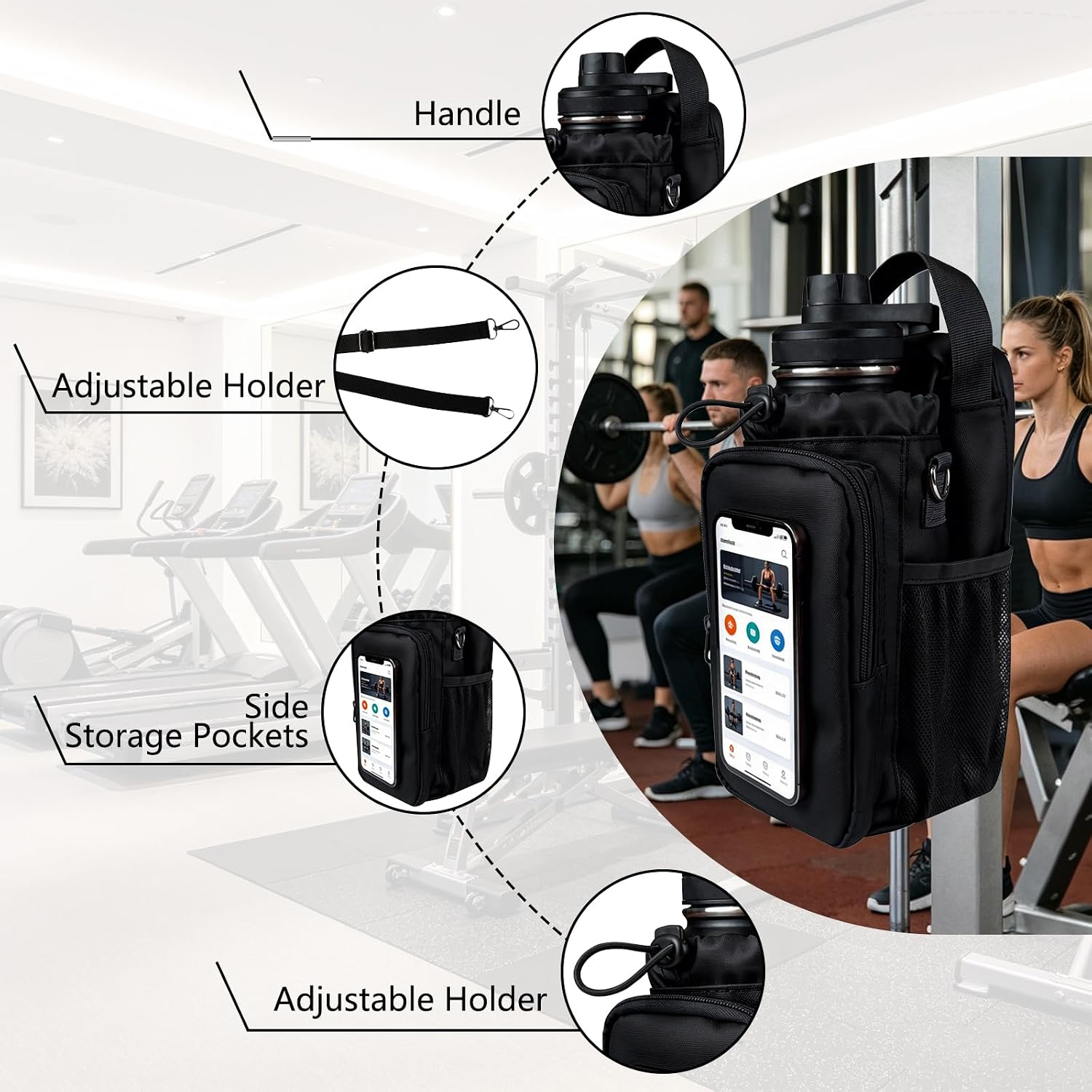JACZZO Magnetic Gym Bag, Water Bottle Holder,Hands-Free Phone Mount,Gym Gifts for Women and Men (Black) - Image 6