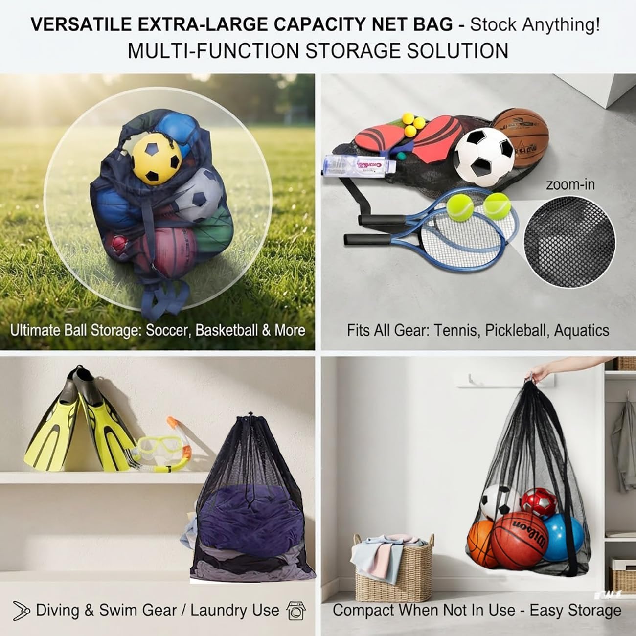 Heavy Duty Mesh Ball Bag, Drawstring Sport Equipment Storage Bag | for Basketball, Soccer, Sports Beach and Swimming Gears with Adjustable Shoulder Strap Outdoor Organizer - Image 5