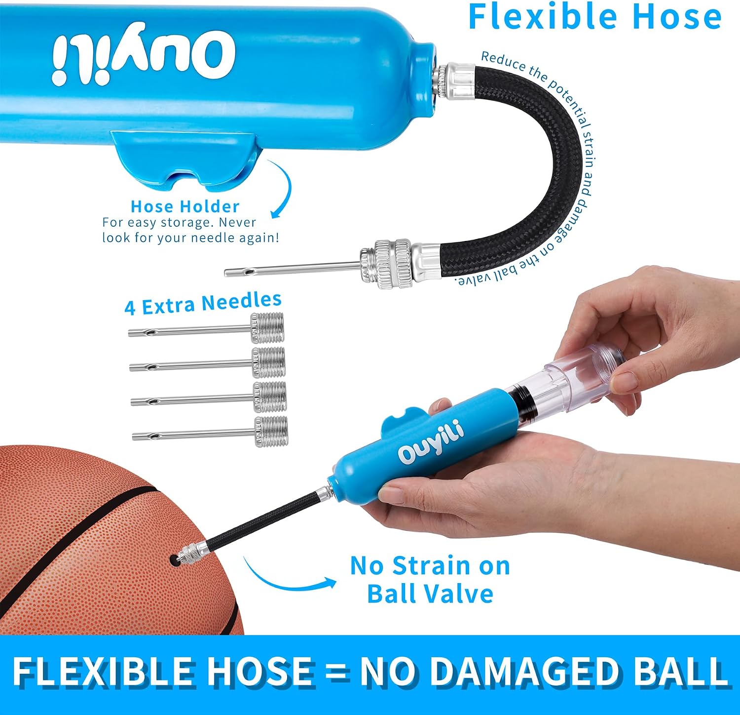 Sports Ball Pump Kit - Portable Air Pump Two-Way Dual Action Inflatable Perfect for Basketballs, Soccer Balls and More - Professional Hand Pump Kit with Needles and Flexible Hose - Image 6
