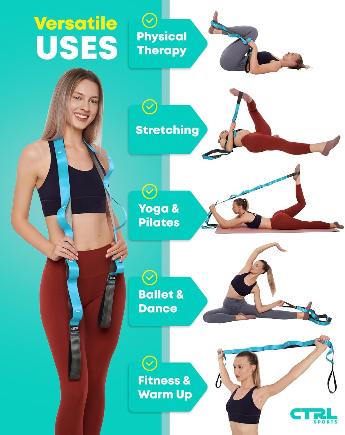 Stretching Strap with Loops - Non Elastic Yoga Strap for Physical Therapy | Video Exercises Included - Stretch bands for Stretching Equipment and Flexibility - Fascia, Hamstring & Leg Stretcher Belt - Image 5