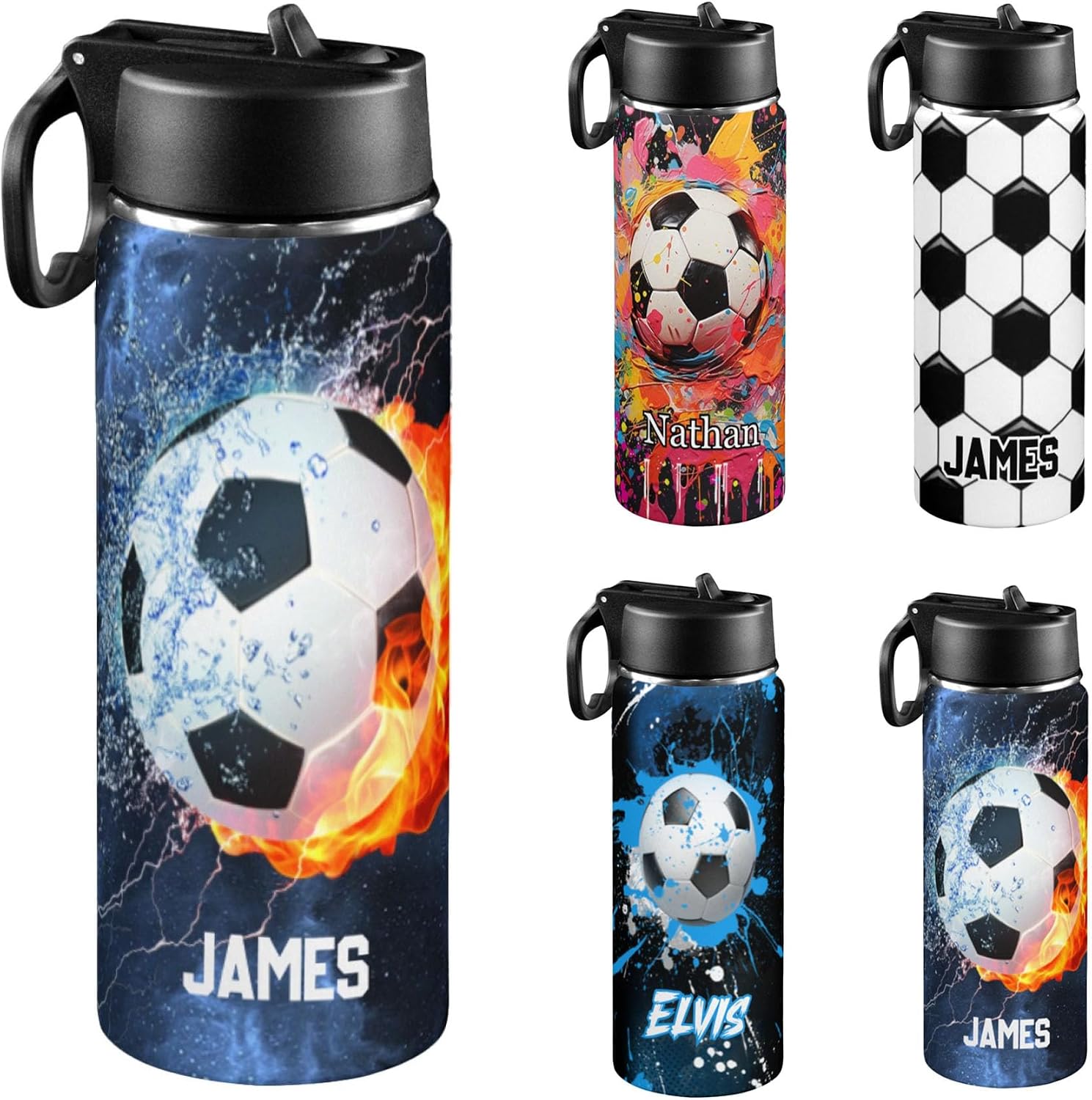 Personalized Soccer Water Bottles for Boys, 18oz Kids Thermos | Custom Name, Stainless Steel Straw Lid, Vacuum Insulated, Leakproof Loop, Perfect School Birthday Boys Gift