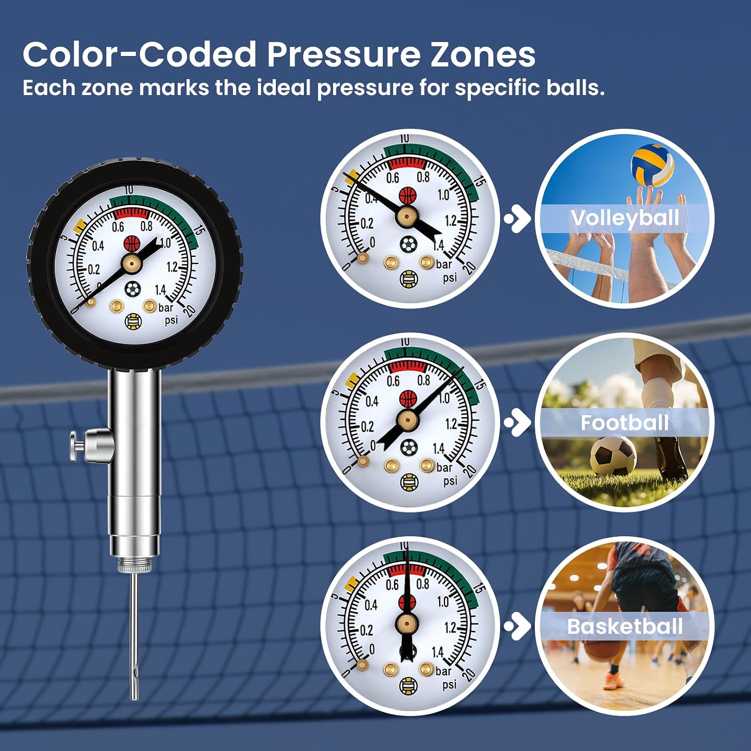 MEASUREMAN Multi-Sport Ball Pressure Gauge with Deflation Button 0-20PSI/0-1.4 Bar & Color-Coded, 3.6x1.8in Lightweight for Soccer, Football, Basketball, Volleyball Pressure Measurement - Image 3