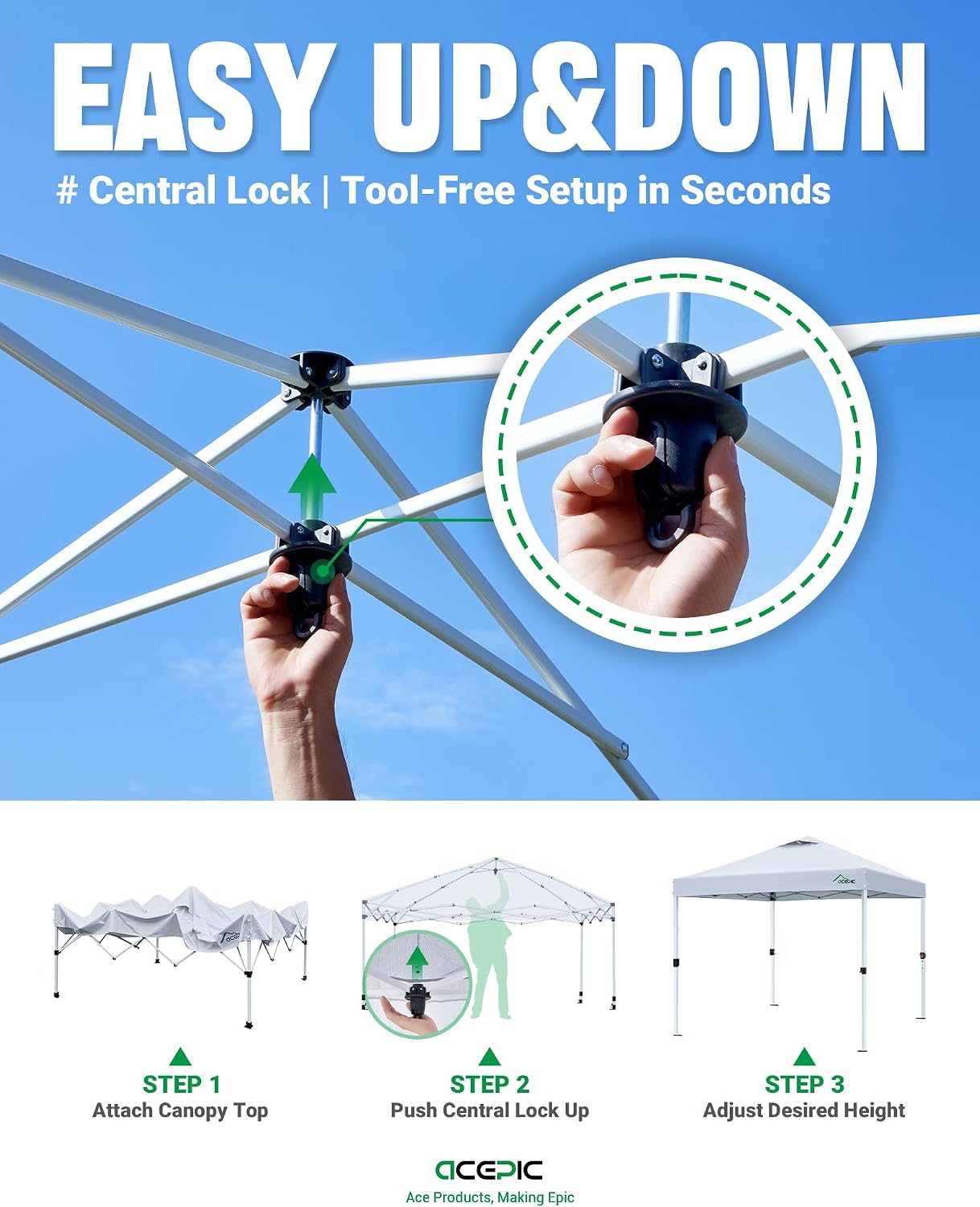 10x10 Pop Up Canopy Tent, Easy Setup Portable Shelter, White, 10*10 | 1-Push Center Lock 10x10 Pop Up Canopy Tent with 3-Layer Reinforced Fabric, Vented UV Top & Wheeled Bag for Outdoor Party - Image 2