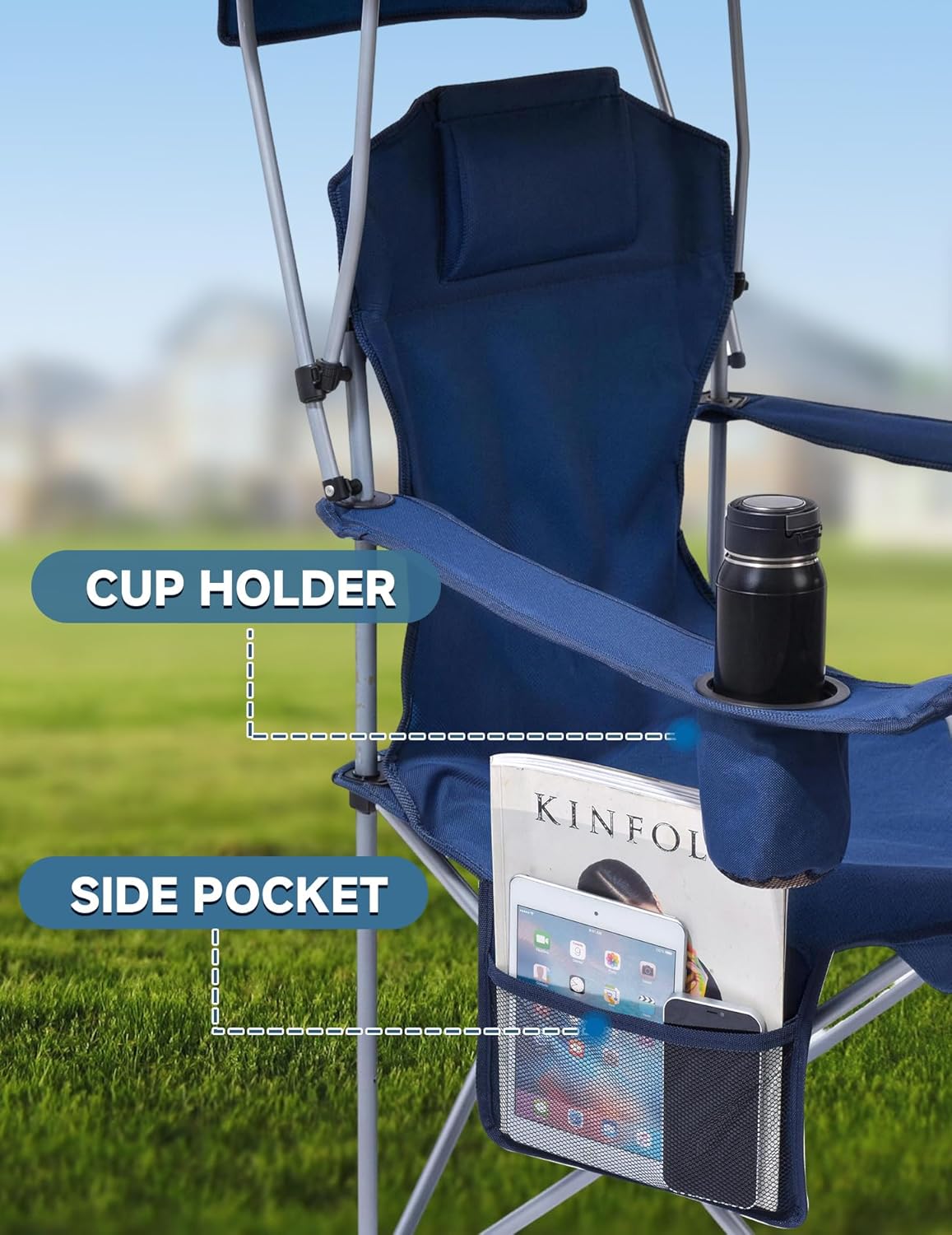 EAST OAK Backpack Beach Chair with Canopy Shade & Supportive Headrest | Canopy Is the Backpack, 25" High Back, Cup Holder, Side Pocket, 330 LBS Heavy Duty Camping Chair with Canopy for Camp, Beach - Image 7
