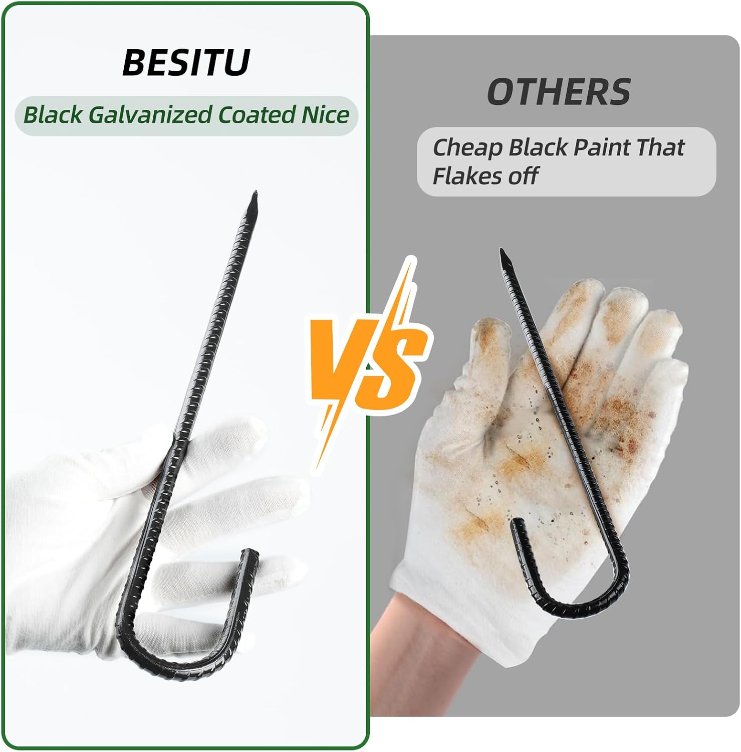 Besitu 12 Inch Rebar Stakes J Hook Ground Stakes 16-Pack Heavy Duty Galvanized Chain Link Fence Stakes Metal Tent Stakes for Outdoor Lawn Decorations Inflatables Canopy Swing Set - Image 3