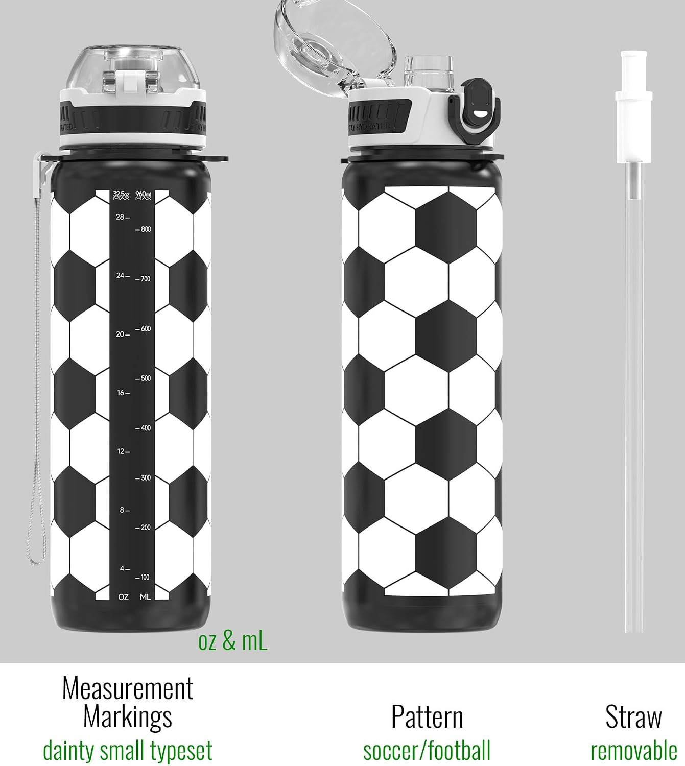MYFOREST Soccer Water Bottle, Lightweight, Quick-Open Chug Lid/Straw | 360° Leak-Proof, Drop/Scratch Resistant for Sports/Travel/Gym/Office, Unique Fan Gift, 32oz/1L Daily Hydration - Image 4