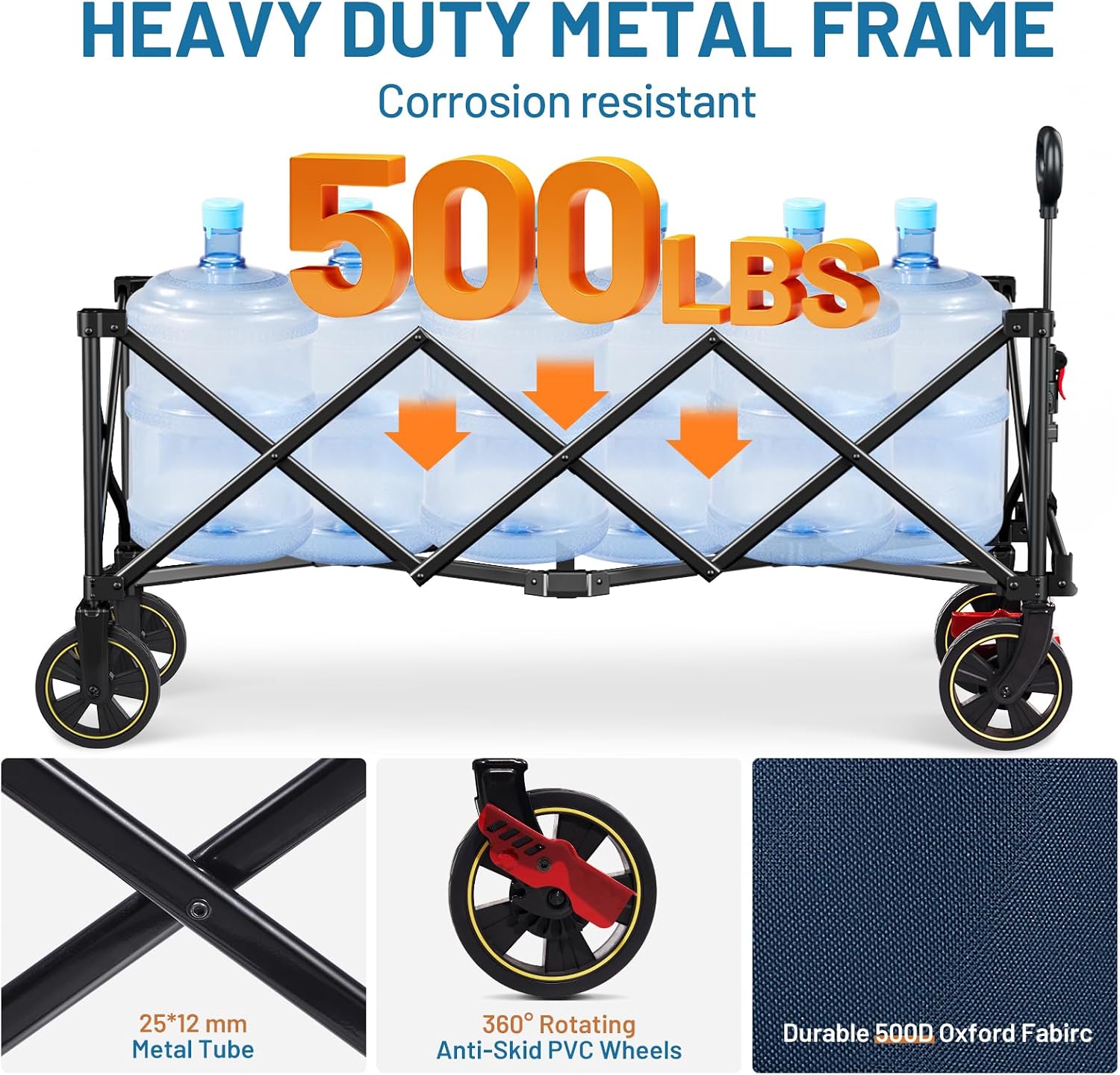Timber Ridge 51.2'' Extended Collapsible Wagons Carts Foldable | 500LBS Heavy Duty Sports Wagon with Adjustable Handle, 400L Capacity Portable Cart for Camping Shopping - Image 6