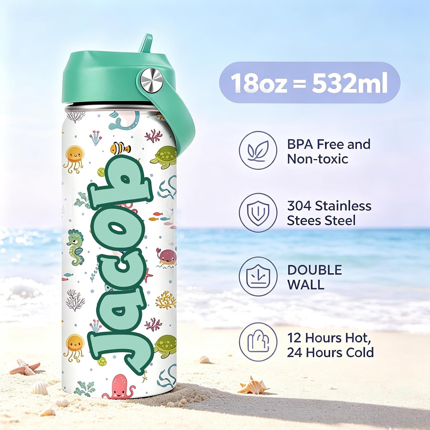 Personalized Kids Water Bottle with Name - UV Printed 18oz Stainless Steel | Straw Lid - BPA Free, Leak-Proof - Back to School, Preschool & Sports, Birthday & Holiday Gifts for Boys Girls - Image 5