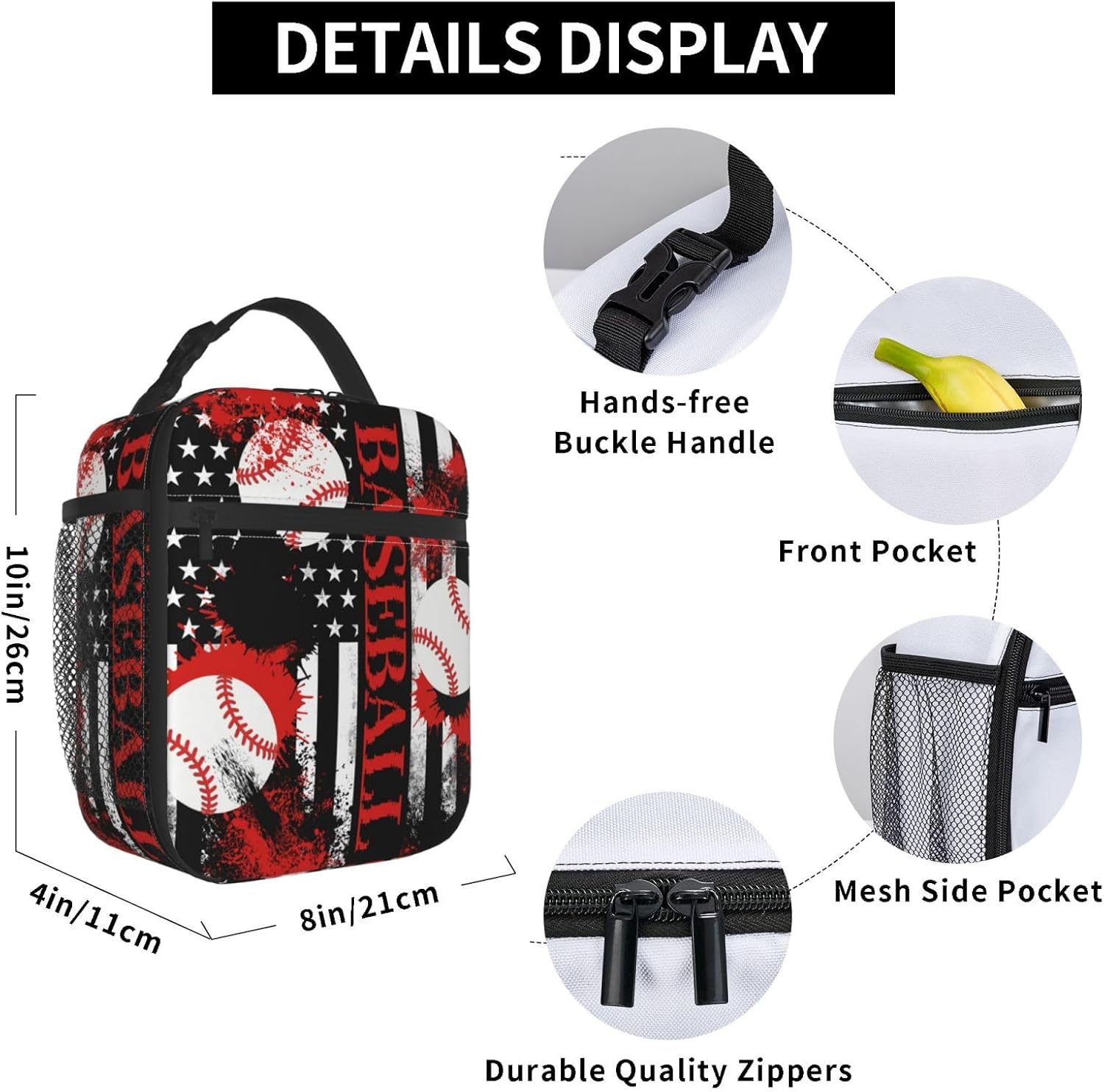 Miaoquhe Baseball Lunch Box for Men Women American Flag Reusable Lunch Bag for Boys Girls Kids Teens Sport Ball Portable Cooler Lunchbox Insulated Tote Bag for School Office Work Picnic Hiking - Image 6