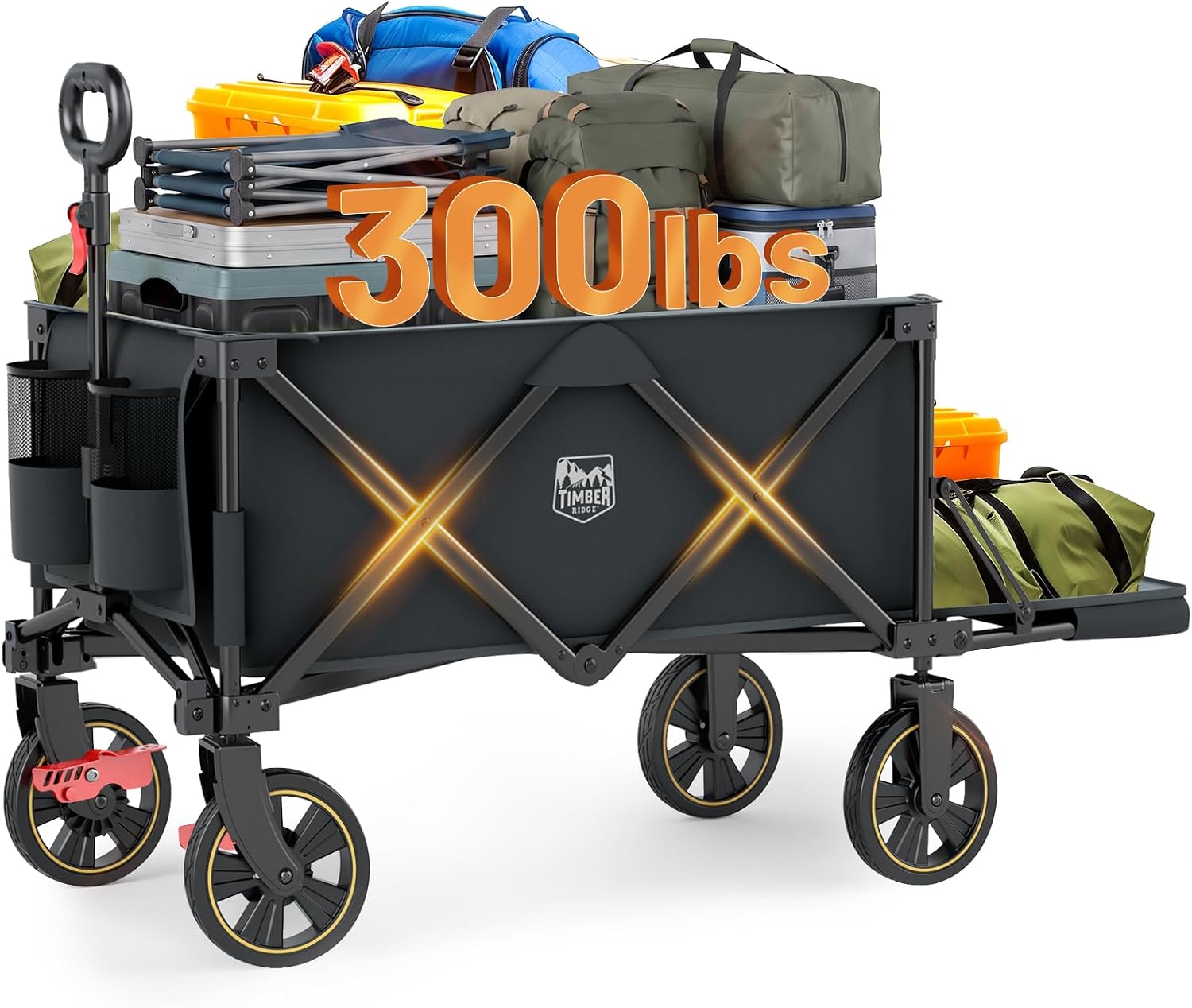 TIMBER RIDGE 49" Extra Long Collapsible Folding Wagon with Tailgate&Brakes | 250L Capacity All-Terrain Wagon Carts Foldable, 300lbs Portable Cart for Dog, Garden, Outdoor Camping Sports, Grey