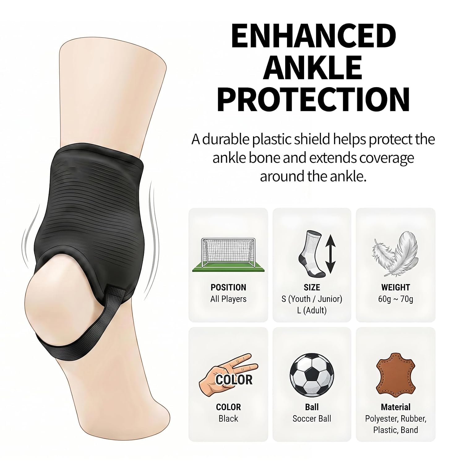 COELO Ankle Guards for Soccer (1 Pair) | Dual-Side Cushioning with Plastic Support Pads & Elastic Heel Band | Breathable Ankle Guard for Sports Football Activities | Left & Right Set (Black) - Image 4