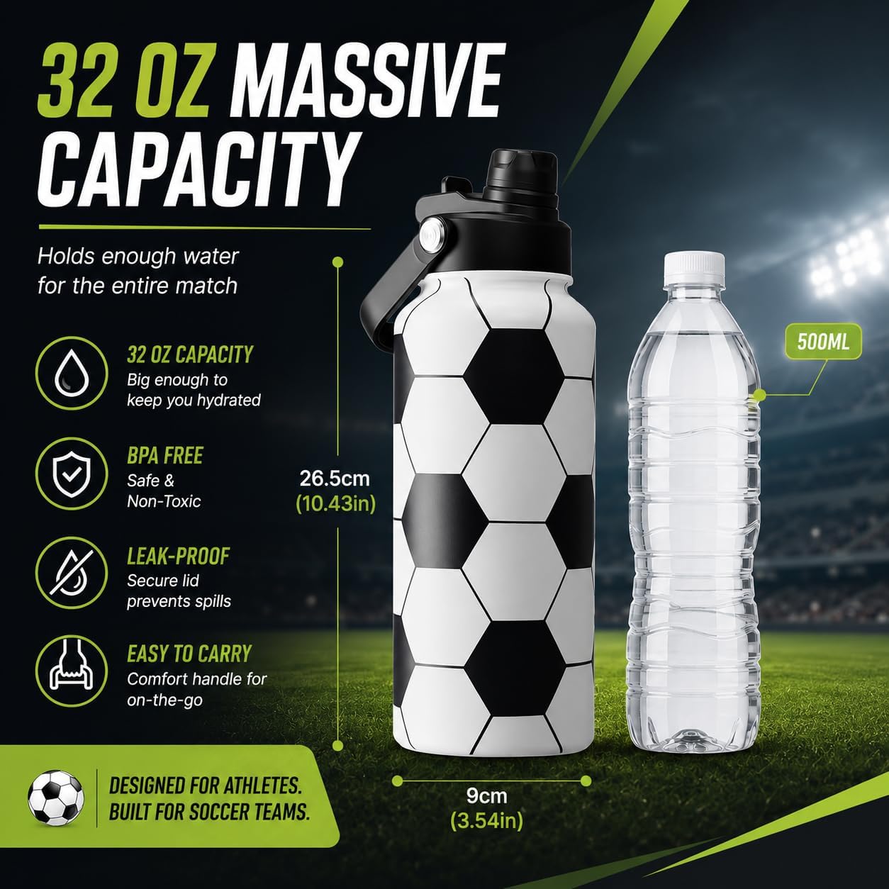 32oz Soccer Insulated Water Bottle 24H Cold with 2-in-1 Straw and Spout Lid | 3D Textured 18/8 Stainless Steel Sweat-Proof Jug for Soccer Matches and Gym Training with Soft Handle and Braided Rope Strap - Image 2
