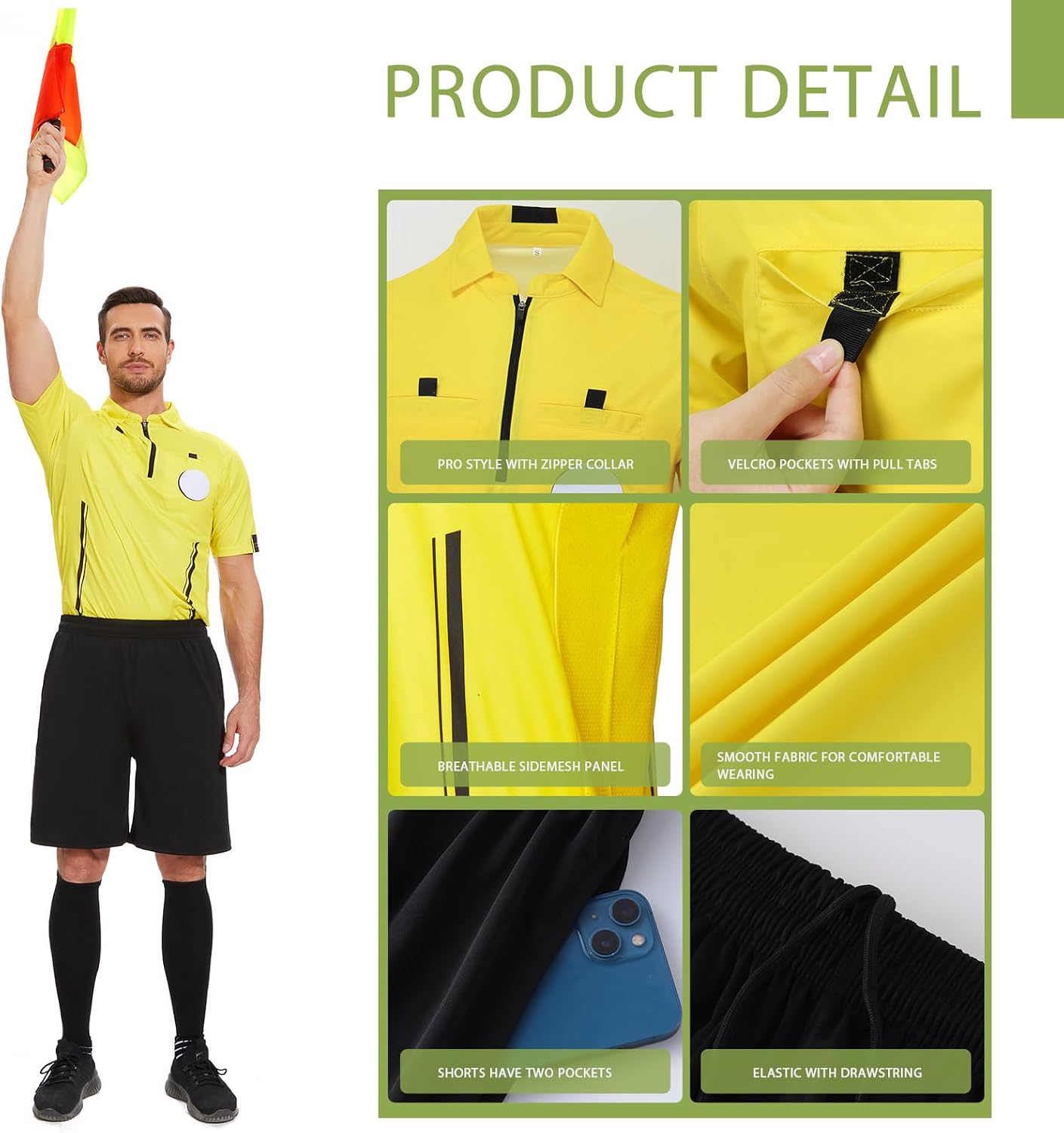redgino Soccer Referee Kit Pro Soccer Referee Shirt Jersey,Ref Costume Shorts,Coach Whistle,Referee Socks, Linesman Flags and Cards Umpire Uniform Sport Accessory for Adult Teenager - Image 4
