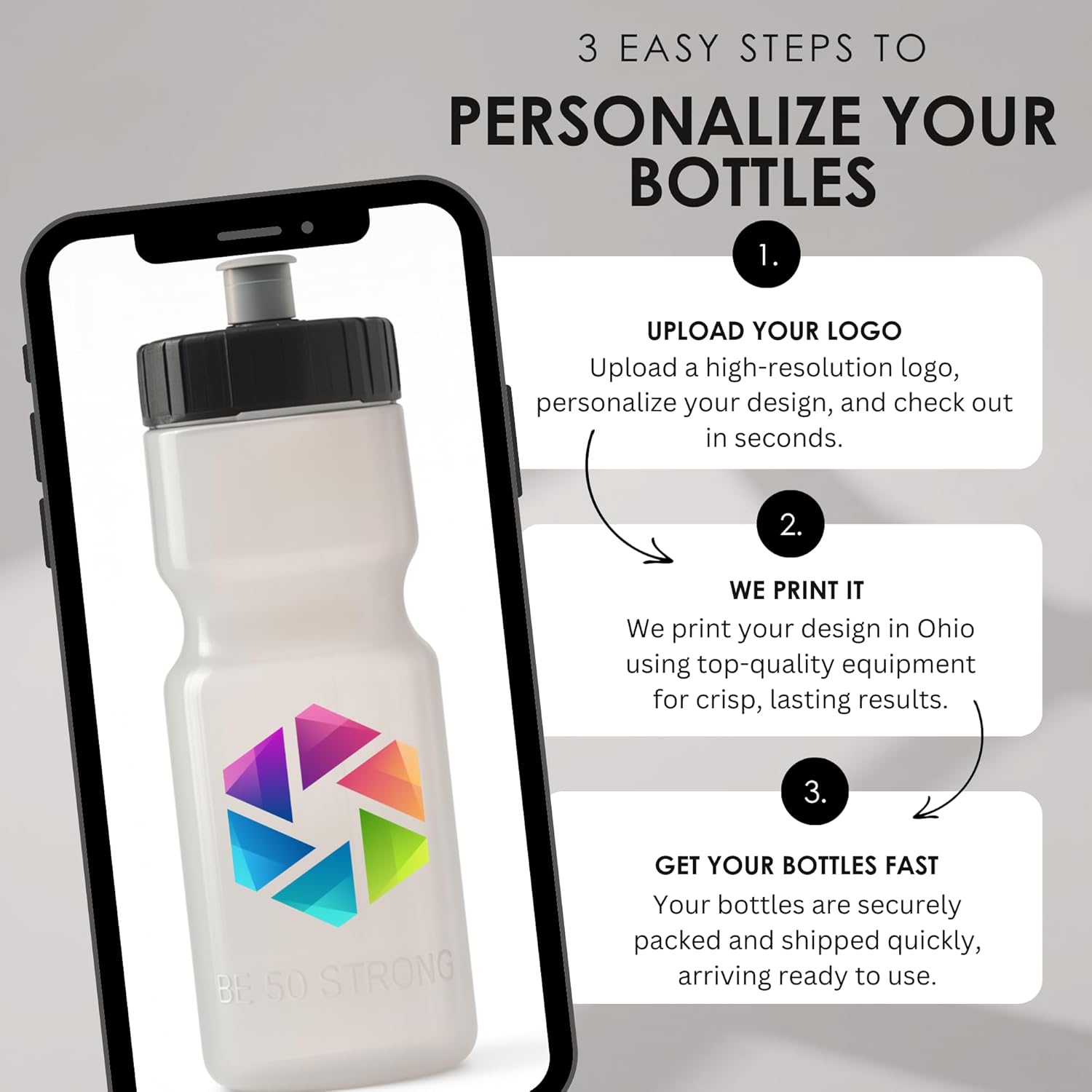 50 Strong | Custom Water Bottles, 24-Pack, 22 oz, Personalized, Logo Ready - Image 3