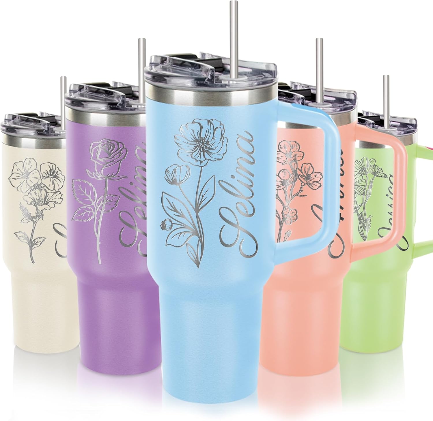 Personalized 40oz Tumbler-Custom Water Bottle with Engraved Flower&Name | Custom Stainless Steel Tumbler with Handle and Straw Lid, Personalized Mothers Valentine Birthday Gifts for Mom Women Sister