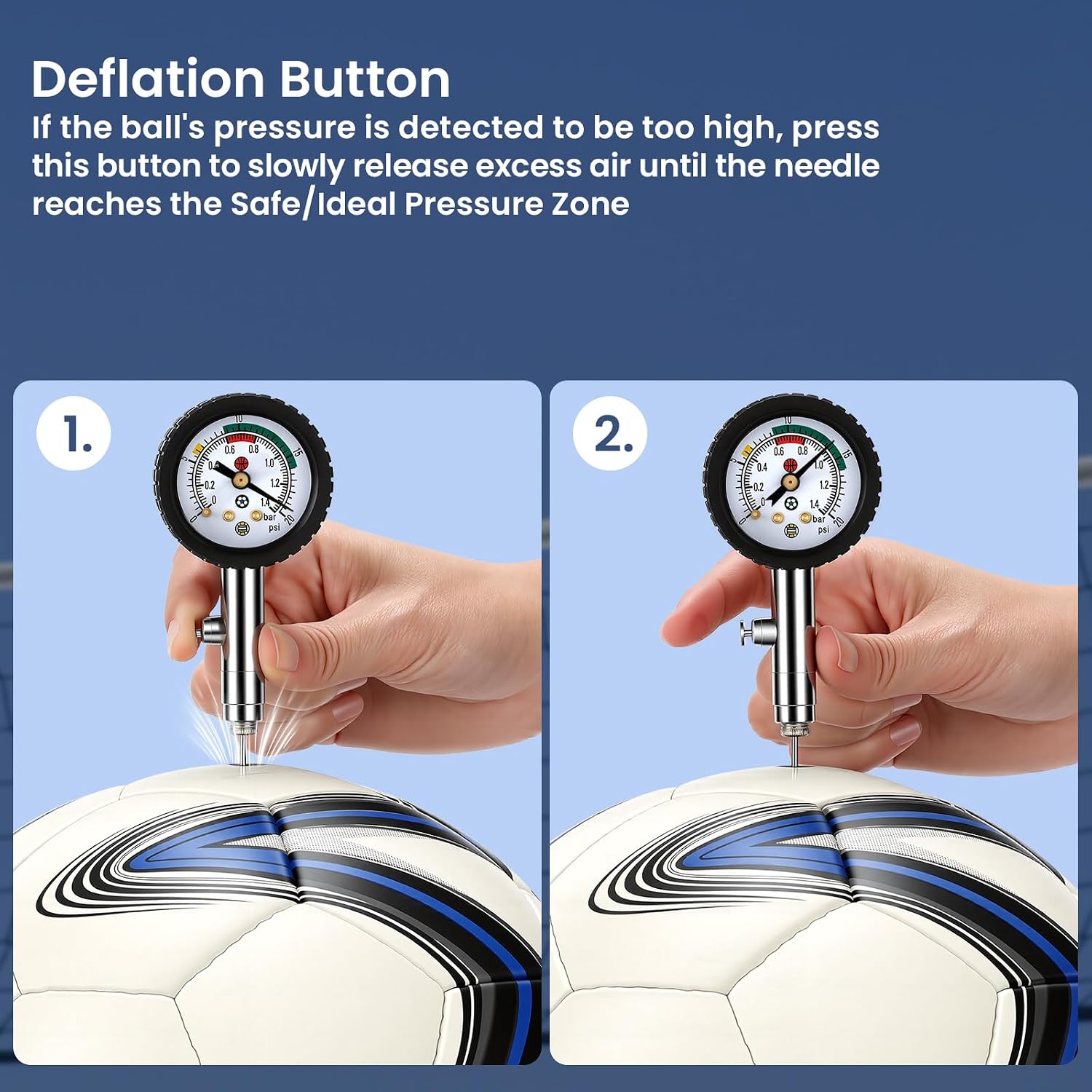 MEASUREMAN Multi-Sport Ball Pressure Gauge with Deflation Button 0-20PSI/0-1.4 Bar & Color-Coded, 3.6x1.8in Lightweight for Soccer, Football, Basketball, Volleyball Pressure Measurement - Image 6