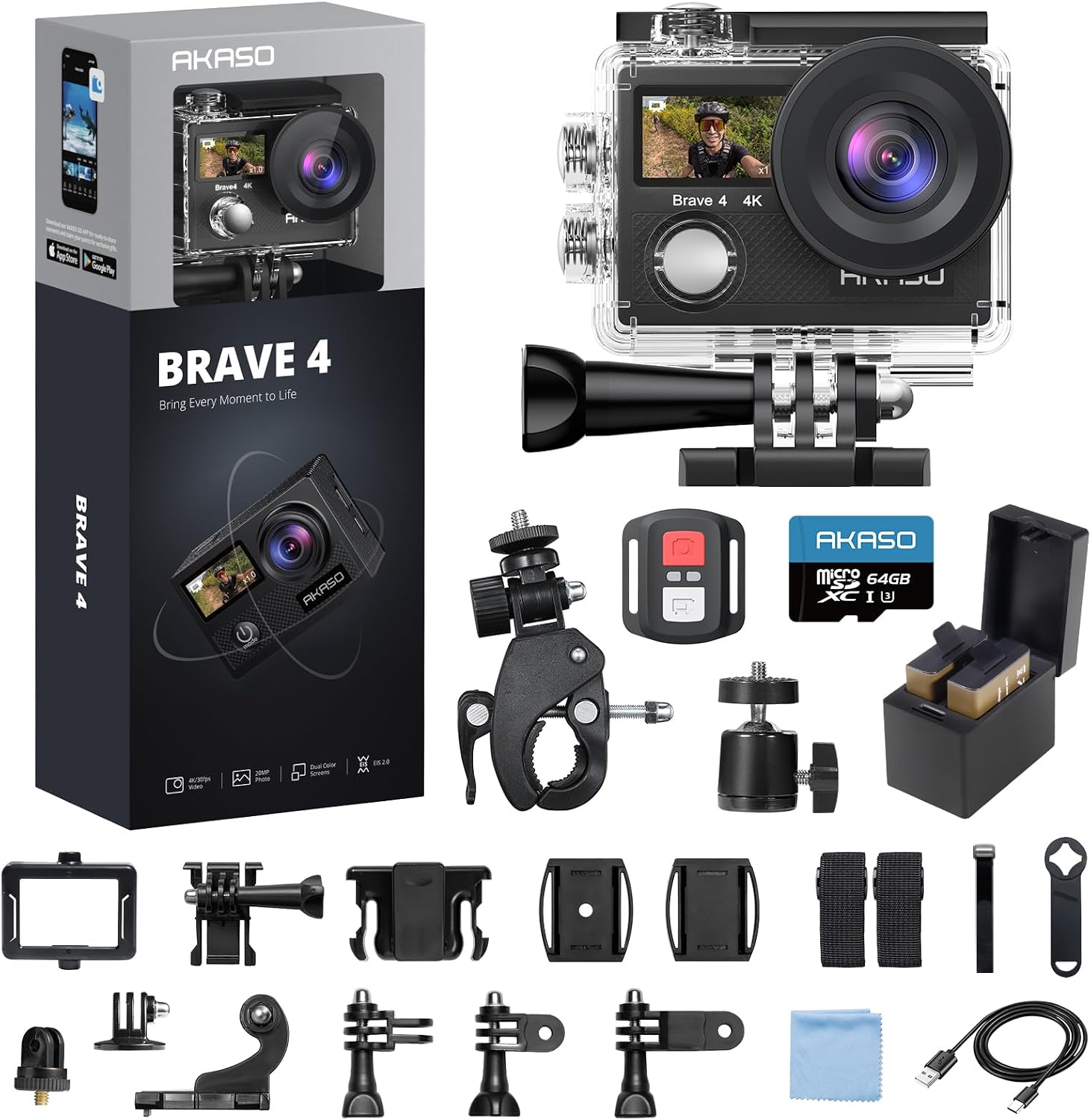 AKASO Brave 4 Action Camera 4K 30fps with 64GB MicroSD Card Bundle | 20MP EIS WiFi 170° FOV 5X Zoom Waterproof Underwater Camera for Snorkel, Travel, Bicycle, Helmet, Motorcycle Accessories Kit
