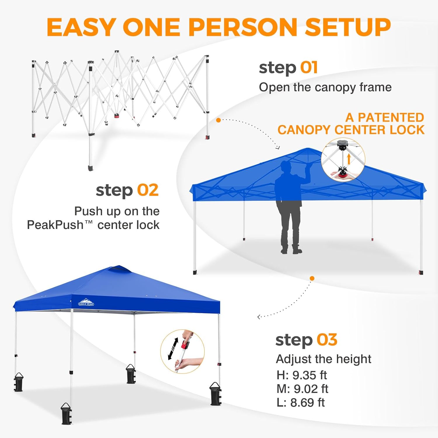 EAGLE PEAK 10x10 Pop Up Canopy Tent Easy Up Canopy Outdoor, Blue | Patented PeakPush™ Center Lock, 1 Person Setup Portable Pop Up Tent, Beach, Markets, Camping Sport Events, Wheeled Carry Bag - Image 6