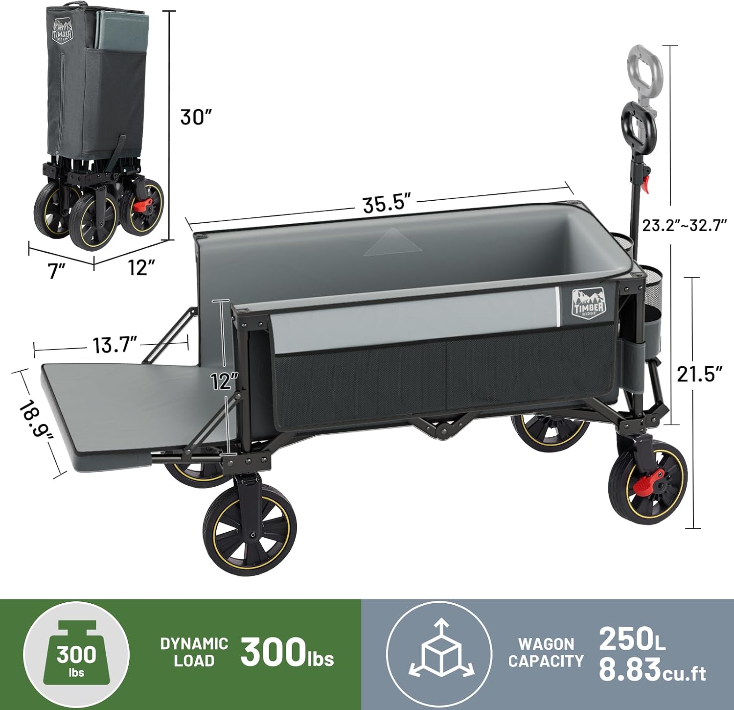 TIMBER RIDGE 49" Extra Long Collapsible Folding Wagon with Tailgate&Brakes | 250L Capacity All-Terrain Wagon Carts Foldable, 300lbs Portable Cart for Dog, Garden, Outdoor Camping Sports, Grey - Image 8
