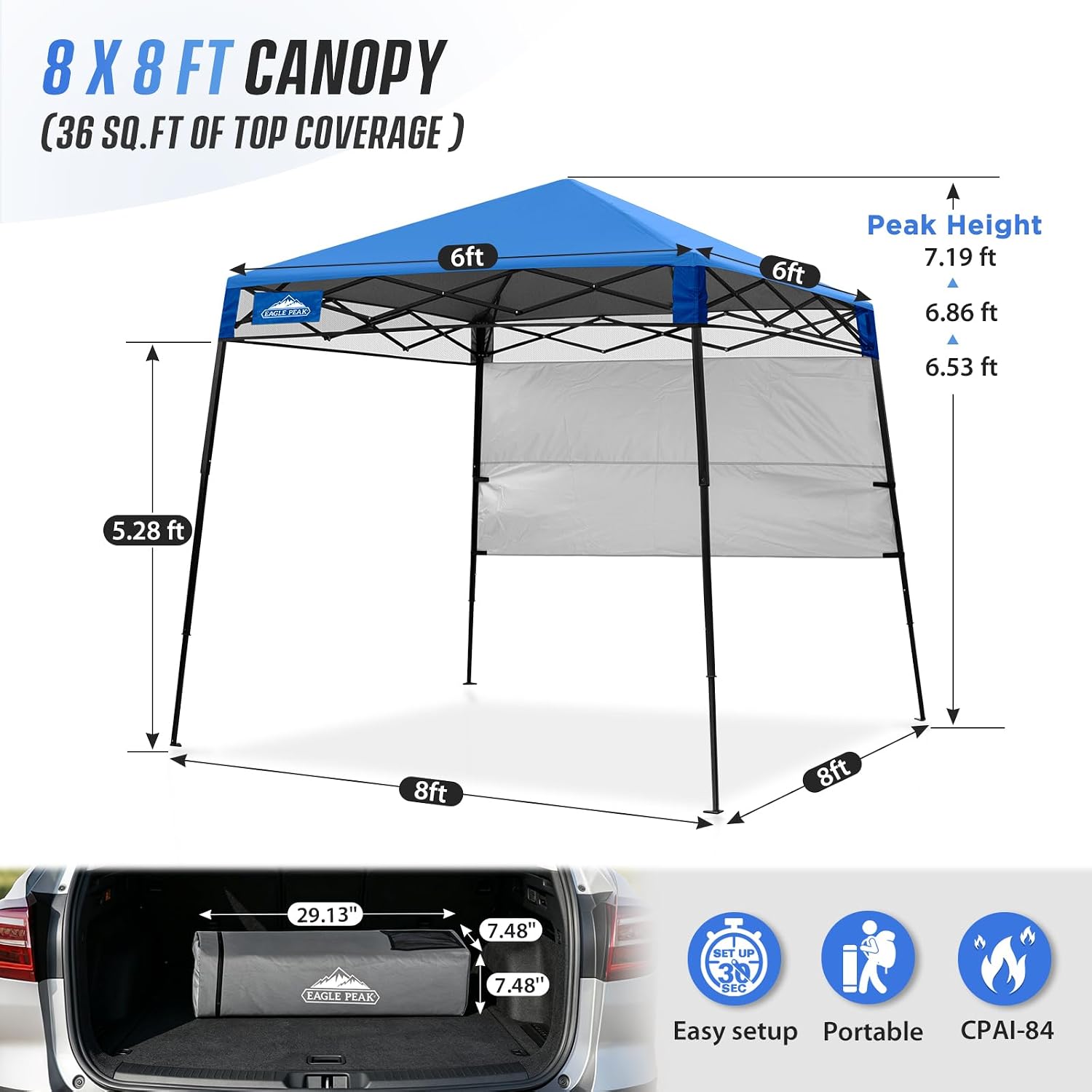 EAGLE PEAK 8x8 Pop Up Canopy Tent with Sidewall, Compact, Portable Slant Leg Instant Sun Shelter for Beach, Sports, & Camping, 8x8 Base 6x6 Top, Blue - Image 3