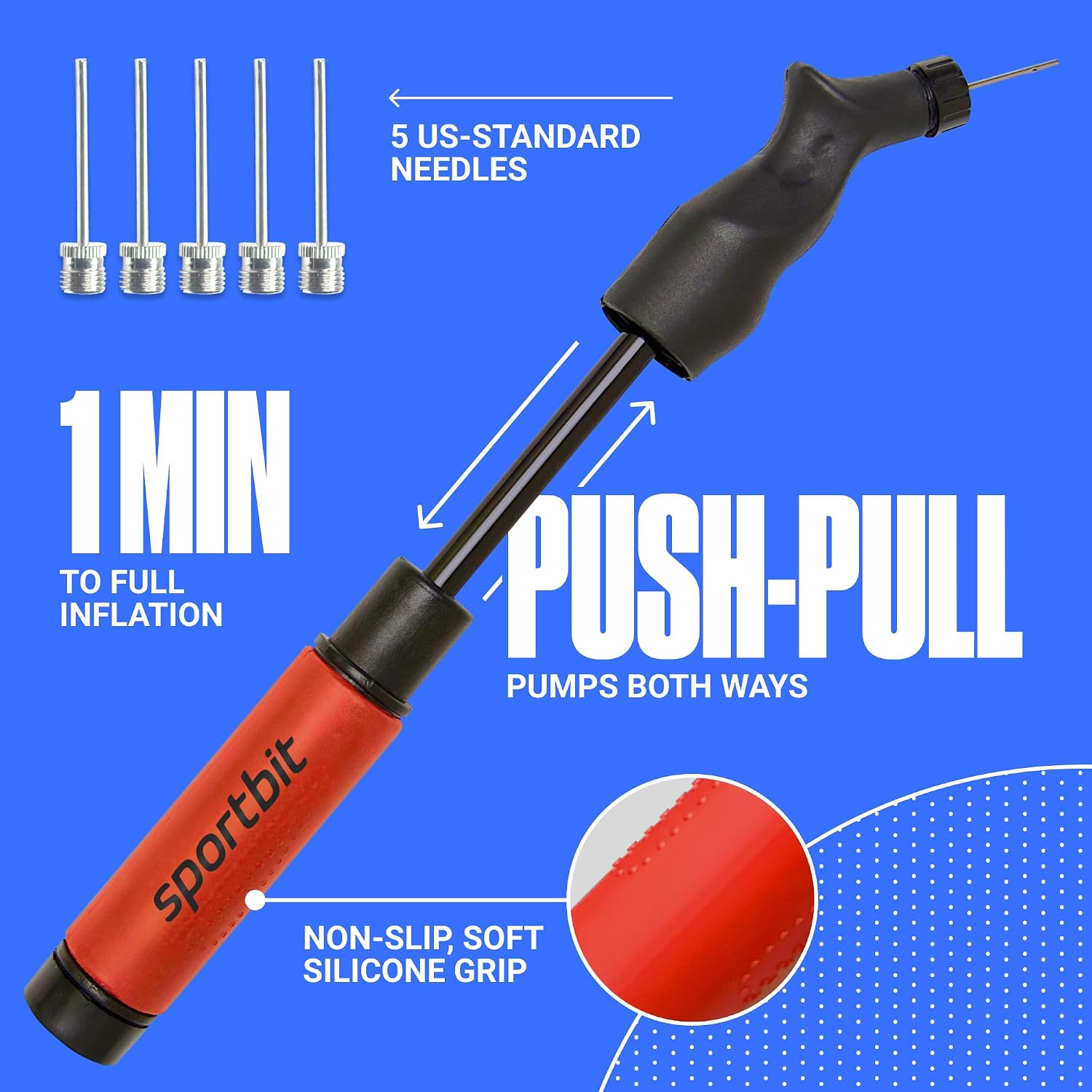 SPORTBIT Ball Pump for Sports Balls - Push & Pull Inflating System - Hand Pump for Exercise Balls - Volleyball Pump, Basketball Inflator, Ball Air Pump - Goes with 5 Needles Set - Image 3