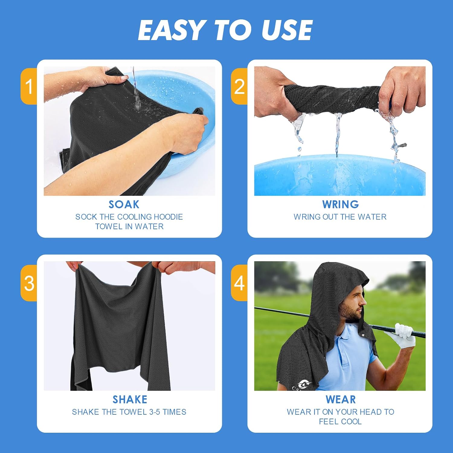 CSITE 4 Pack Cooling Hoodie Towels, Instant Cooling Towels for Neck and Face, UPF 50 Sun Protection, Ice Towel for Hot Weather, Head Towel for Sports, Camping, Cycling & More Activities - Image 3