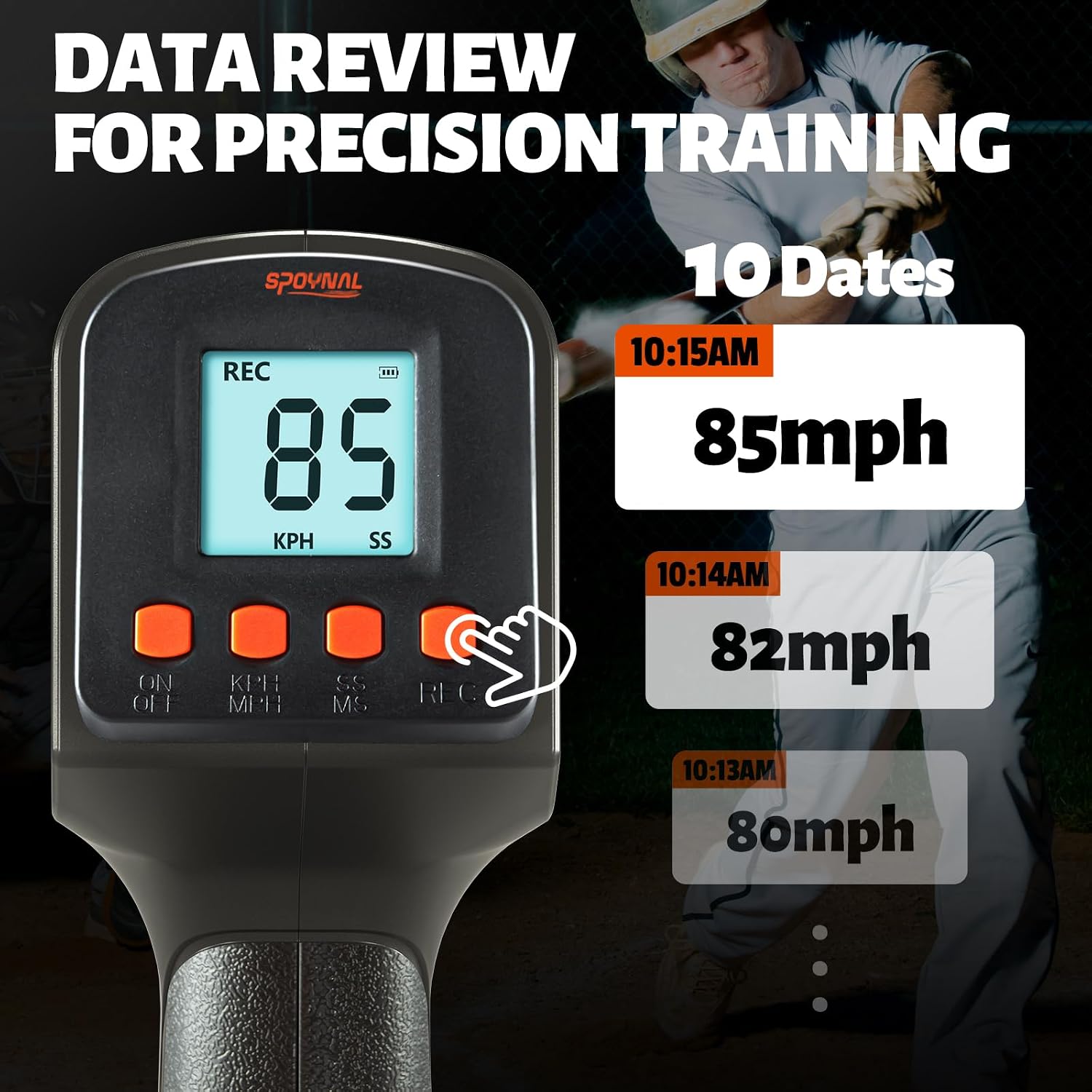 SPOYNAL Baseball Radar Gun, Dual LED/LCD Display, 10-Data Recall | Speed training equipment for baseball, softball & soccer with a large display and playback of the 10 most recent readings - Image 7