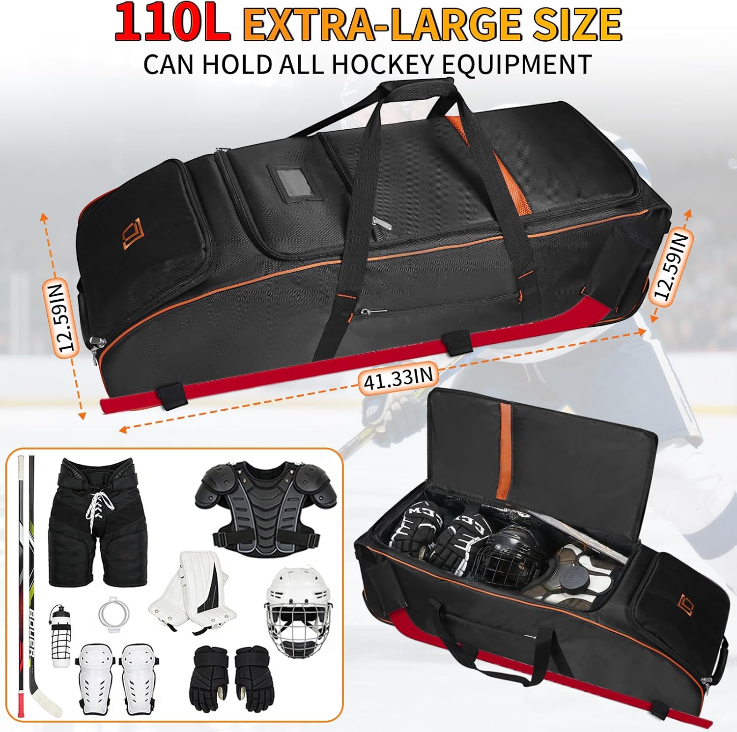 120L Hockey Bag with Wheels,Rolling Ice Hockey Duffel Travel Bag with Separate Breathable Shoe Compartment,2 Sticks Field Hockey Bag with Scratch-Resistant and Waterproof Bottom,Equipment & Gear - Image 5