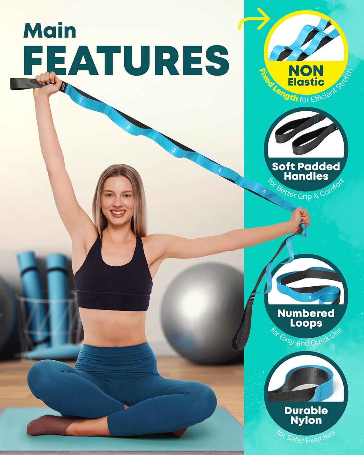 Stretching Strap with Loops - Non Elastic Yoga Strap for Physical Therapy | Video Exercises Included - Stretch bands for Stretching Equipment and Flexibility - Fascia, Hamstring & Leg Stretcher Belt - Image 4