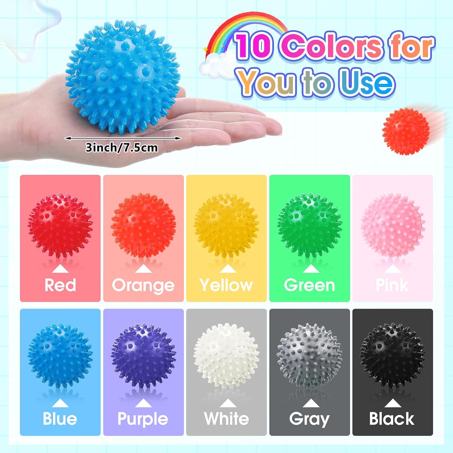 Liliful 36 Pcs Spiky Massage Balls for Feet, Back, Hand Massage Roller Squeeze Balls Plantar Fasciitis Ball Bulk for Foot Hand Trainer Therapy, 10 Colors 3 Inch Multipack - Image 3