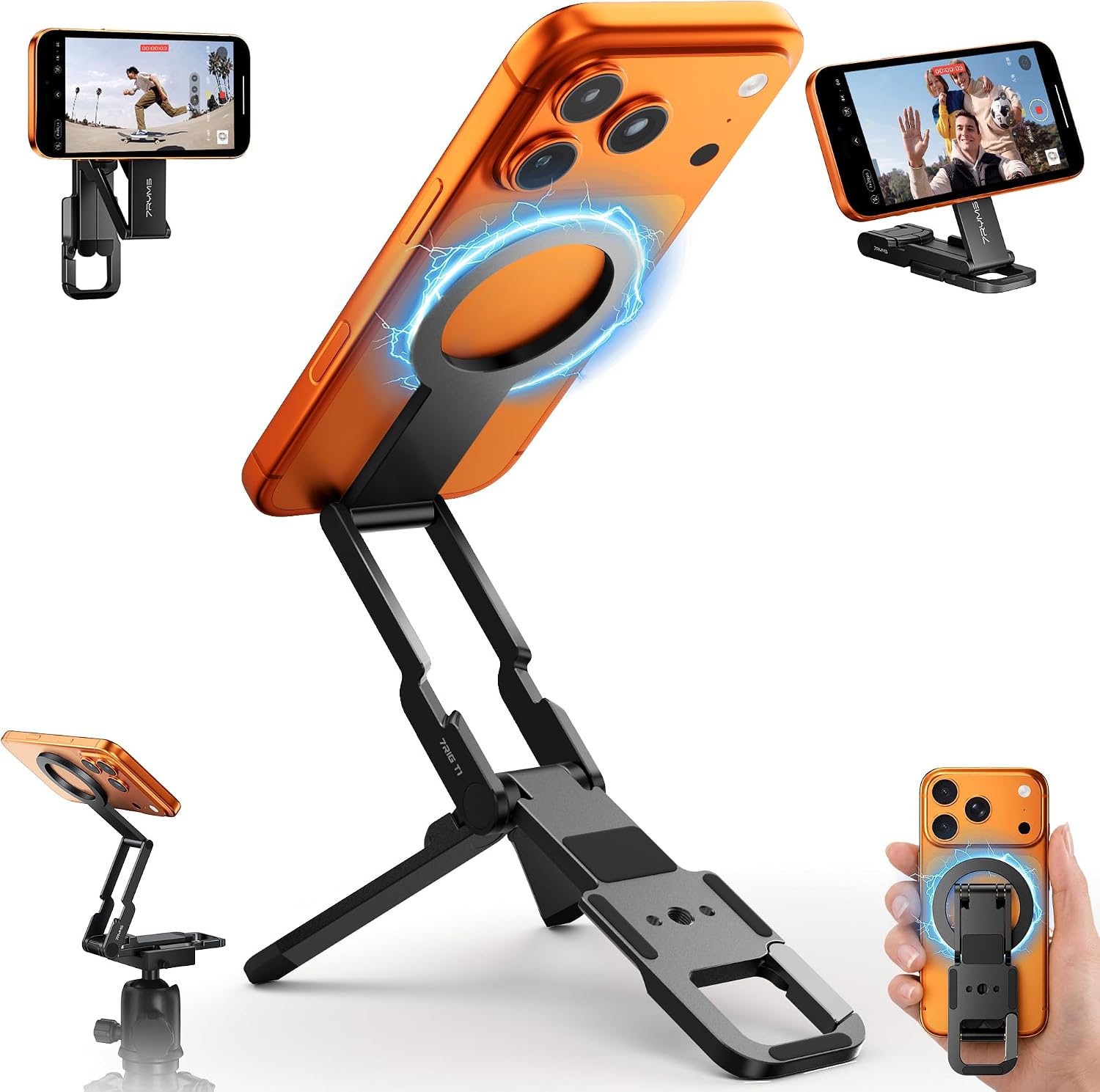 7RYMS 7RIG T1 Magnetic Phone Tripod for iPhone/Android, 1/4" Screw for Vlog | Aluminium MagSafe Phone Holder with Magnet Foldable Hook, Mini Smartphone Stand for Gym, Travel, Filming, Video Recording
