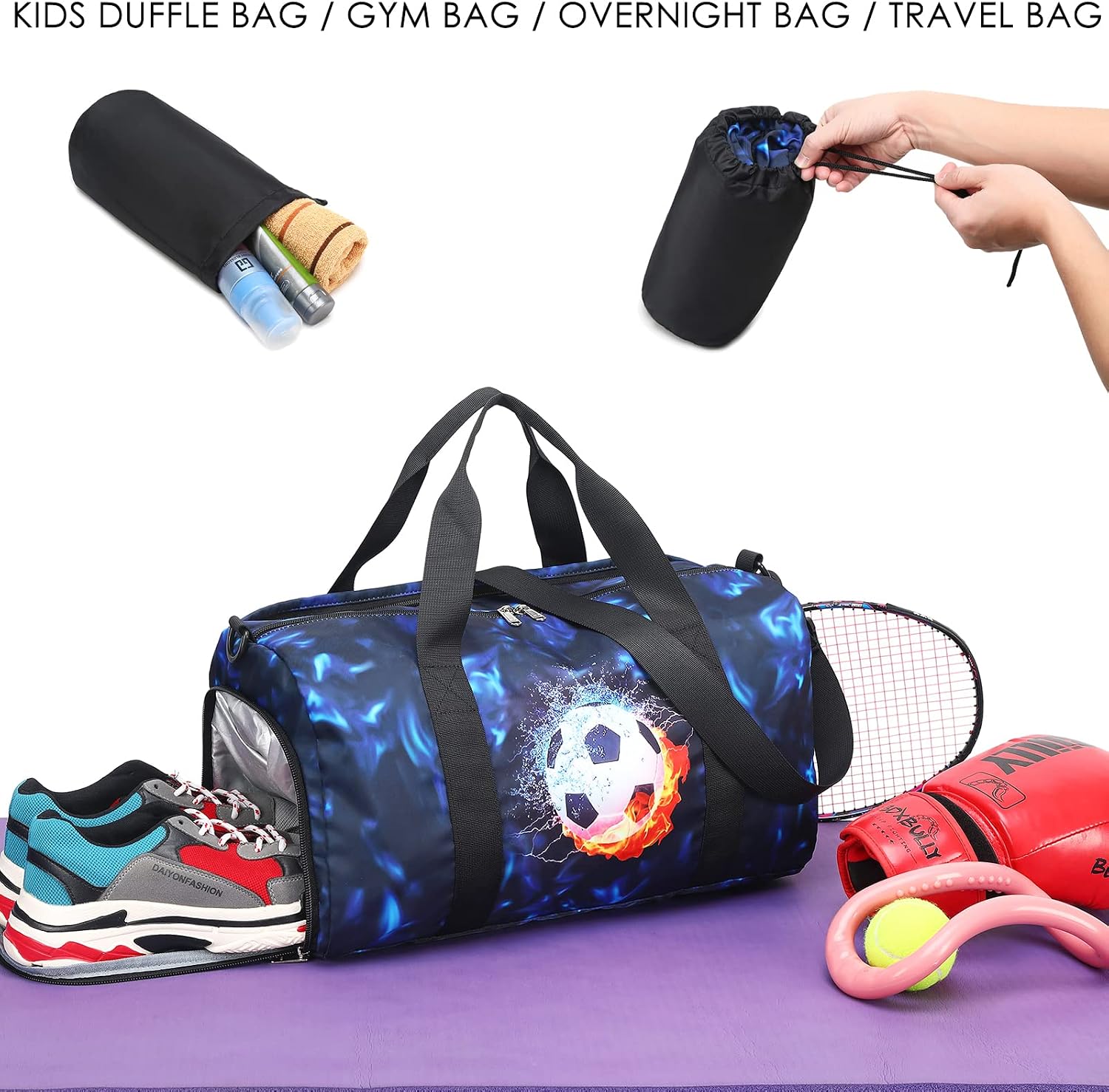 Kids Duffle Bag Boys Girls Overnight Travel Sport Gym Bag Weekender Carry On Shoulder Bag with Shoe Compartment & Wet Pocket (Soccer Black Blue) - Image 8