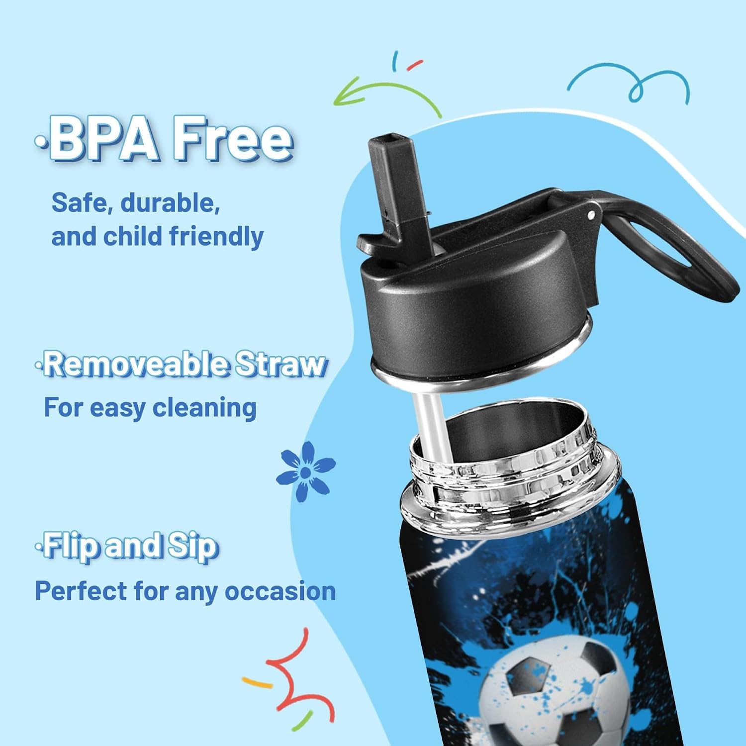 Personalized Soccer Water Bottles for Boys, 18oz Kids Thermos | Custom Name, Stainless Steel Straw Lid, Vacuum Insulated, Leakproof Loop, Perfect School Birthday Boys Gift - Image 9