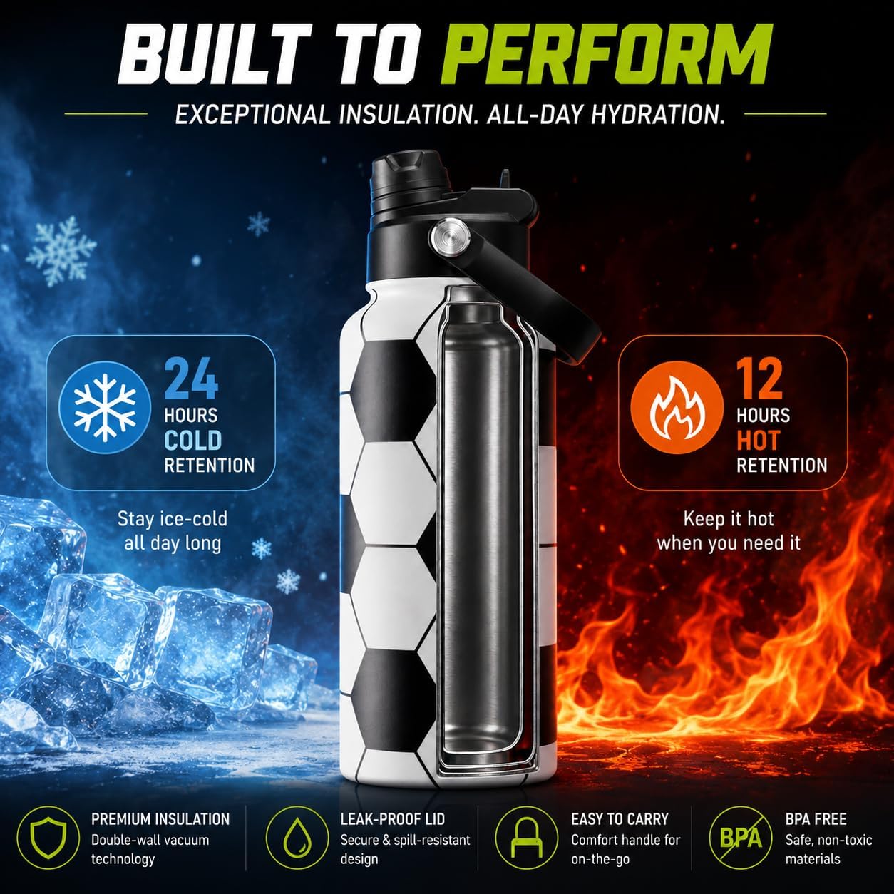 32oz Soccer Insulated Water Bottle 24H Cold with 2-in-1 Straw and Spout Lid | 3D Textured 18/8 Stainless Steel Sweat-Proof Jug for Soccer Matches and Gym Training with Soft Handle and Braided Rope Strap - Image 3