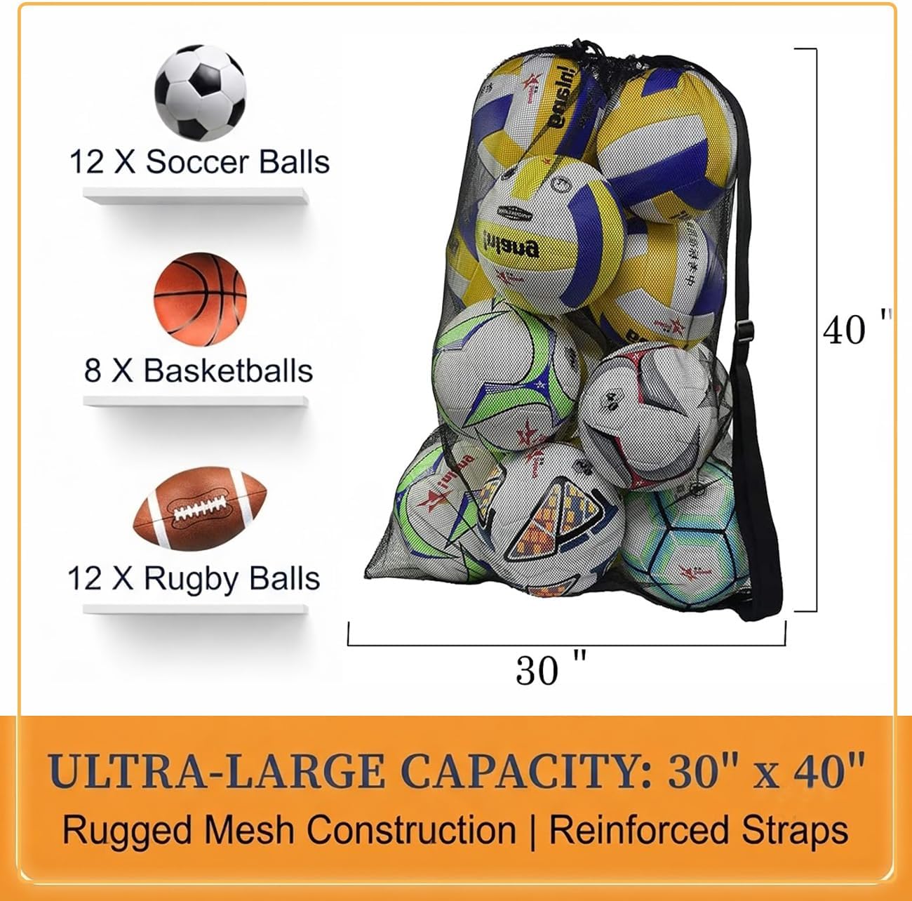 Heavy Duty Mesh Ball Bag, Drawstring Sport Equipment Storage Bag | for Basketball, Soccer, Sports Beach and Swimming Gears with Adjustable Shoulder Strap Outdoor Organizer - Image 3