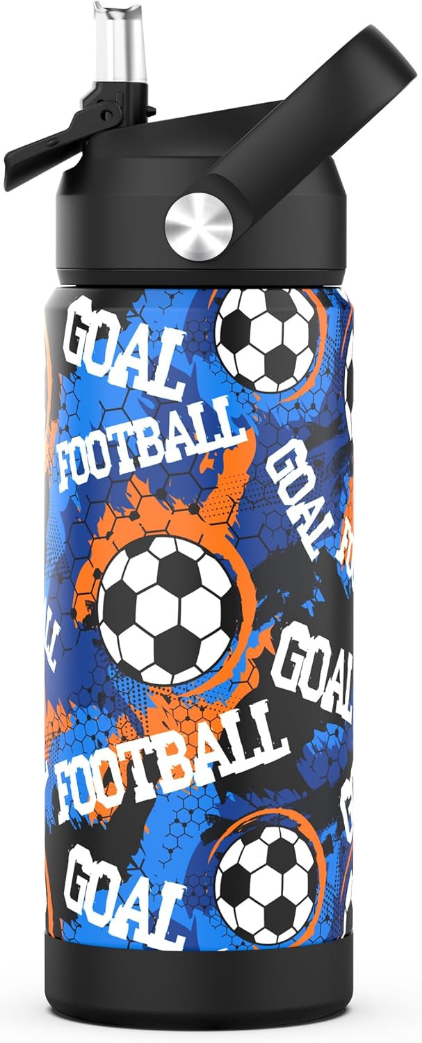 Boys Soccer Water Bottle for School,Kids 18 oz Insulated Stainless Steel Cup with Straw, Double-Wall Vacuum Leakproof